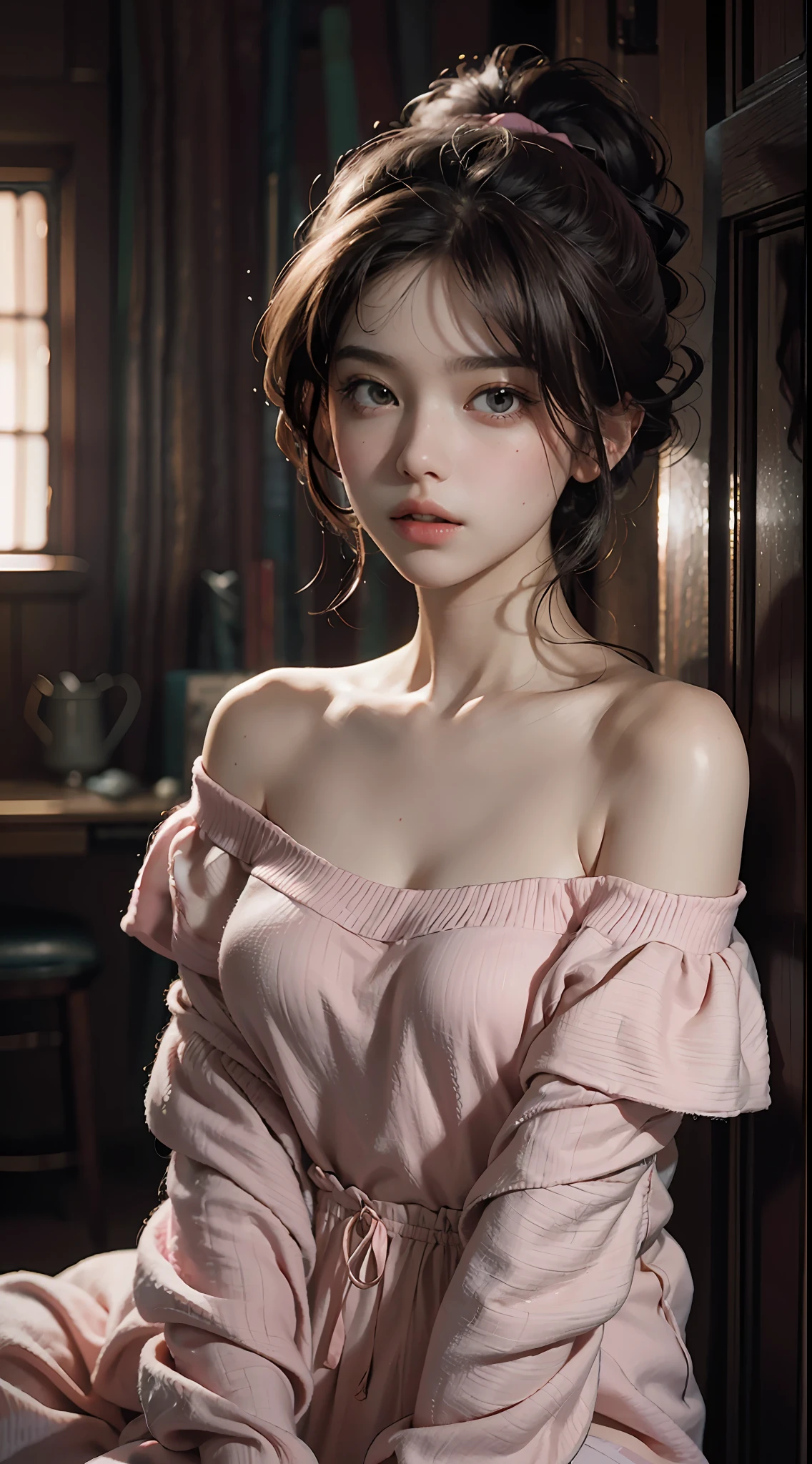 Best Quality, Masterpiece, Ultra High Resolution, (Realisticity: 1.4), Original Photo, 1girl, Pink Off-the-Shoulder, Cinematic Lighting
