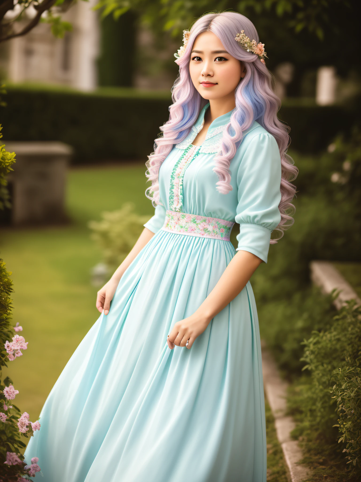 ((Realistic Light, Best Quality, 8K, Masterpiece: 1.3)) Clear Focus: 1.2, 1girl, Perfect Beauty: 1.4, Slim Abs: 1.1, A Young Gentleman and a Young Woman, 1880s Hong Kong, Gorgeous Costumes, Outside, Garden, Manor, Soft Lighting, (HDR: 1.1), 8K, Realistic Hair, Clear Details, (HDR: 1.2), (Pastel Color: 1.2), RAW Photo, Film Grave, Fujifilm XT3