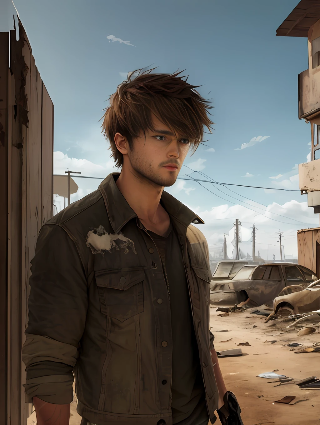 Create an image of a 25-year-old young man named Max who is struggling to survive in an apocalyptic world of zombies. He's in a deserted area, gun in hand and wearing dirty, torn clothes. The surrounding environment is bleak and lonely, with abandoned cars and destroyed buildings. Max has a serious and cautious expression, representing his defensive attitude and alert to any threat in his path. He is fearless and skilled, but still sad and lonely after losing his father to zombifying chaos.