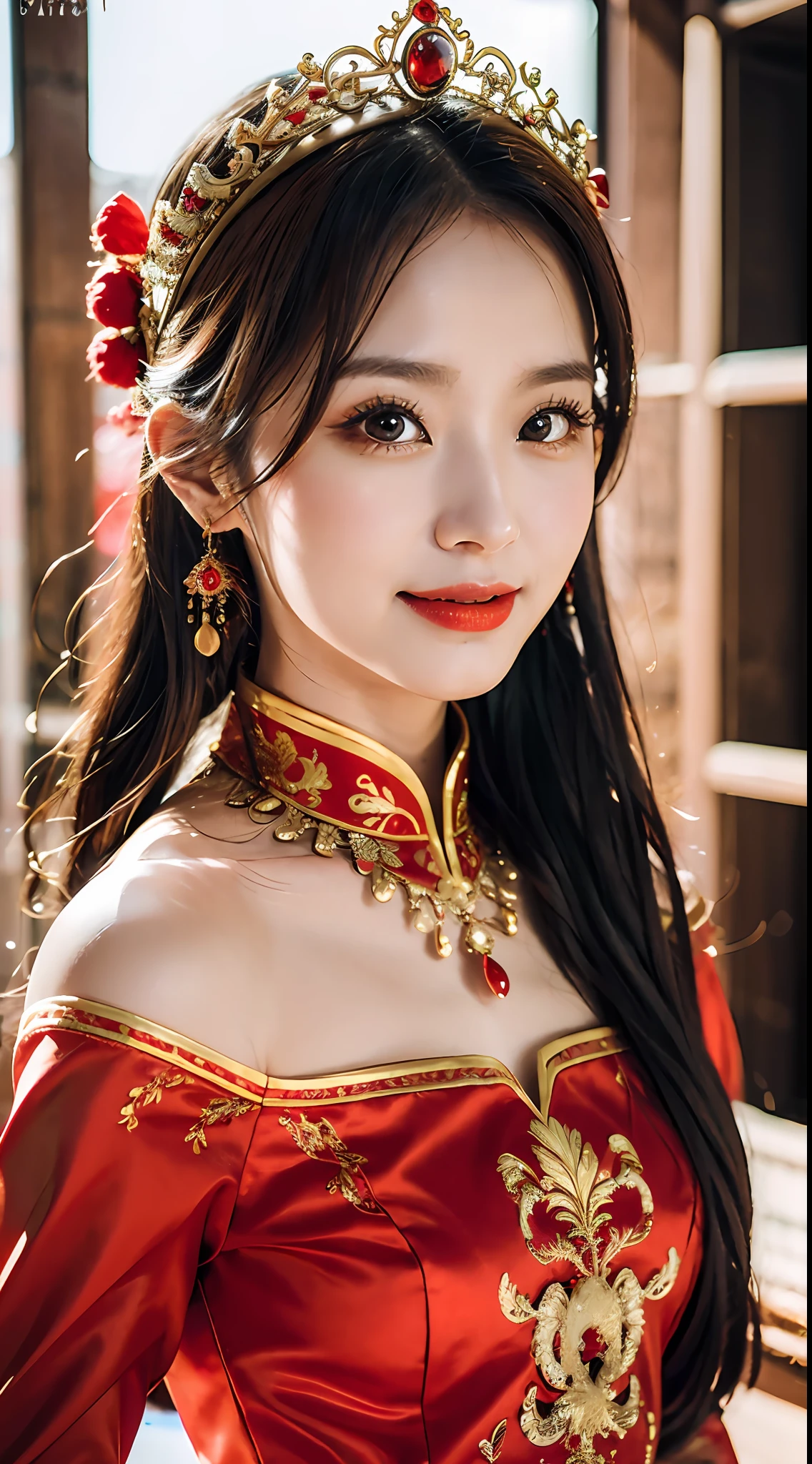 (8k, RAW Photo, Best Quality, Masterpiece: 1.2), (Realistic, Realistic: 1.37), 1 Girl, Woman in Red Dress and Headdress Posing for Photo, Gorgeous Role Play, Beautiful Costume, Chinese Dress, Complex Dress, Complex Costume, Traditional Beauty, Gorgeous Chinese Model, Chinese Costume, Wearing Gorgeous Costume, Wearing Elegant Chinese Xiuhe Dress, Chinese Wedding Dress, Phoenix Crown Xia Hanging, Antique Bride, Xiuhe Costume, Close Up, Wearing Phoenix Crown, Smile, No Watermark, Dragon and phoenix embroidered dress, medium chest