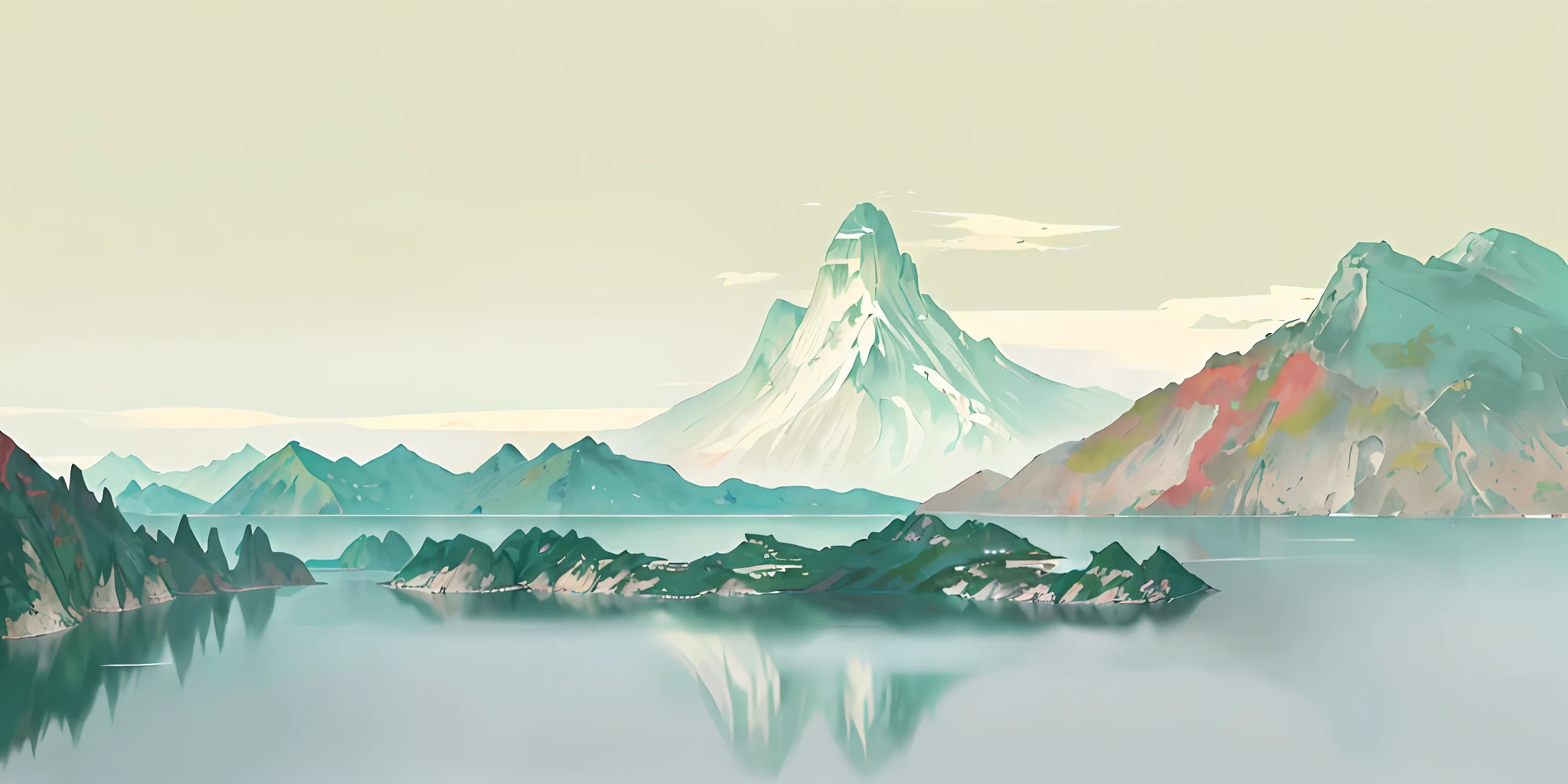 There is a painting of mountains and lakes with boats, Flat style, detailed scenery - width 672, landscape artwork, anime landscape, tranquil landscape, landscape illustration, Japanese landscape, Japanese style painting, serene illustration, background artwork, tranquil landscape, landscape art detail, anime landscape wallpaper, digital landscape art, Z.W.Gu style artwork