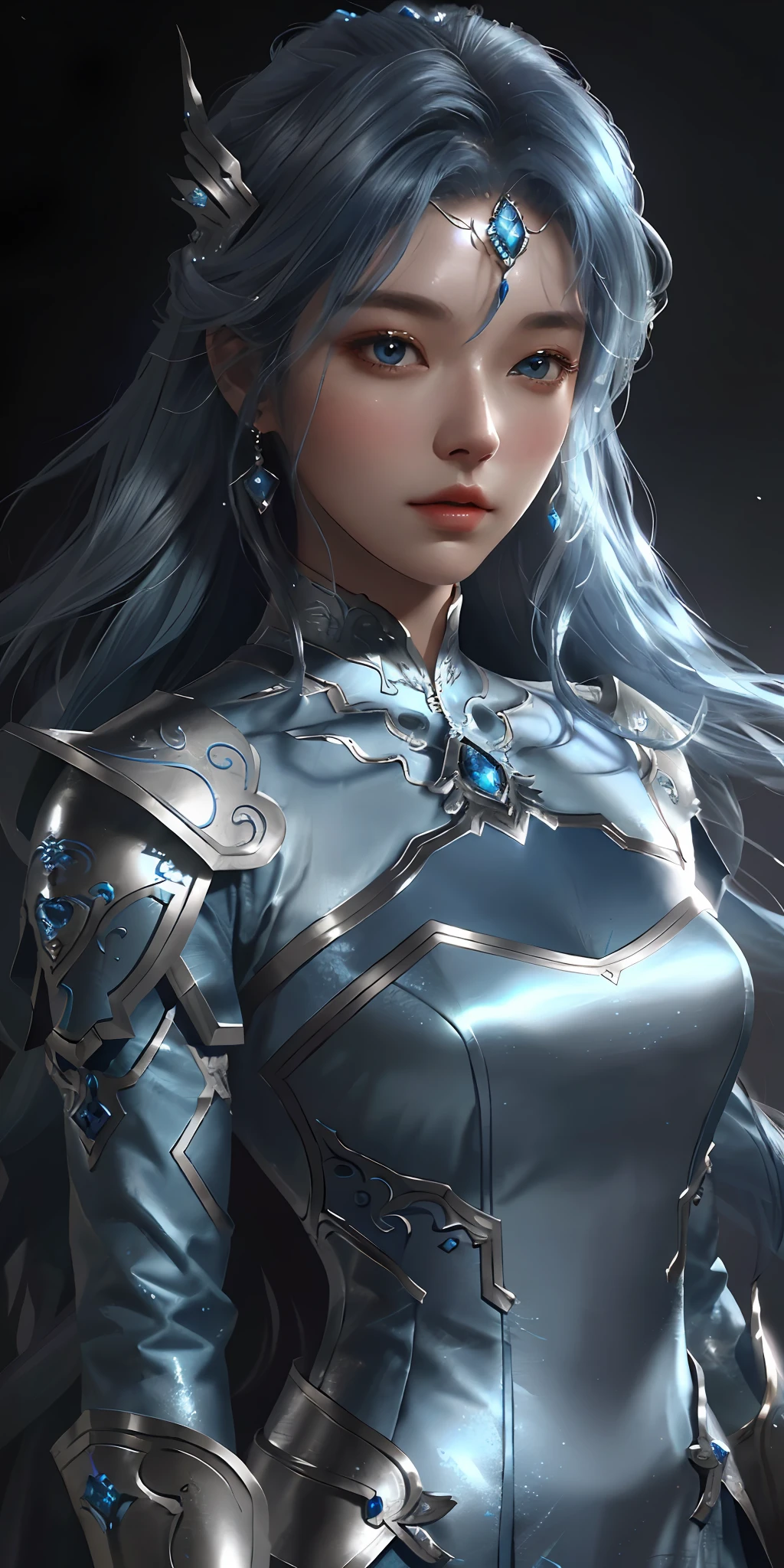 a close up of a woman in a silver and blue dress, chengwei pan on artstation, by Yang J, detailed fantasy art, stunning character art, fanart best artstation, epic exquisite character art, beautiful armor, extremely detailed artgerm, detailed digital anime art, artgerm on artstation pixiv, armor girl