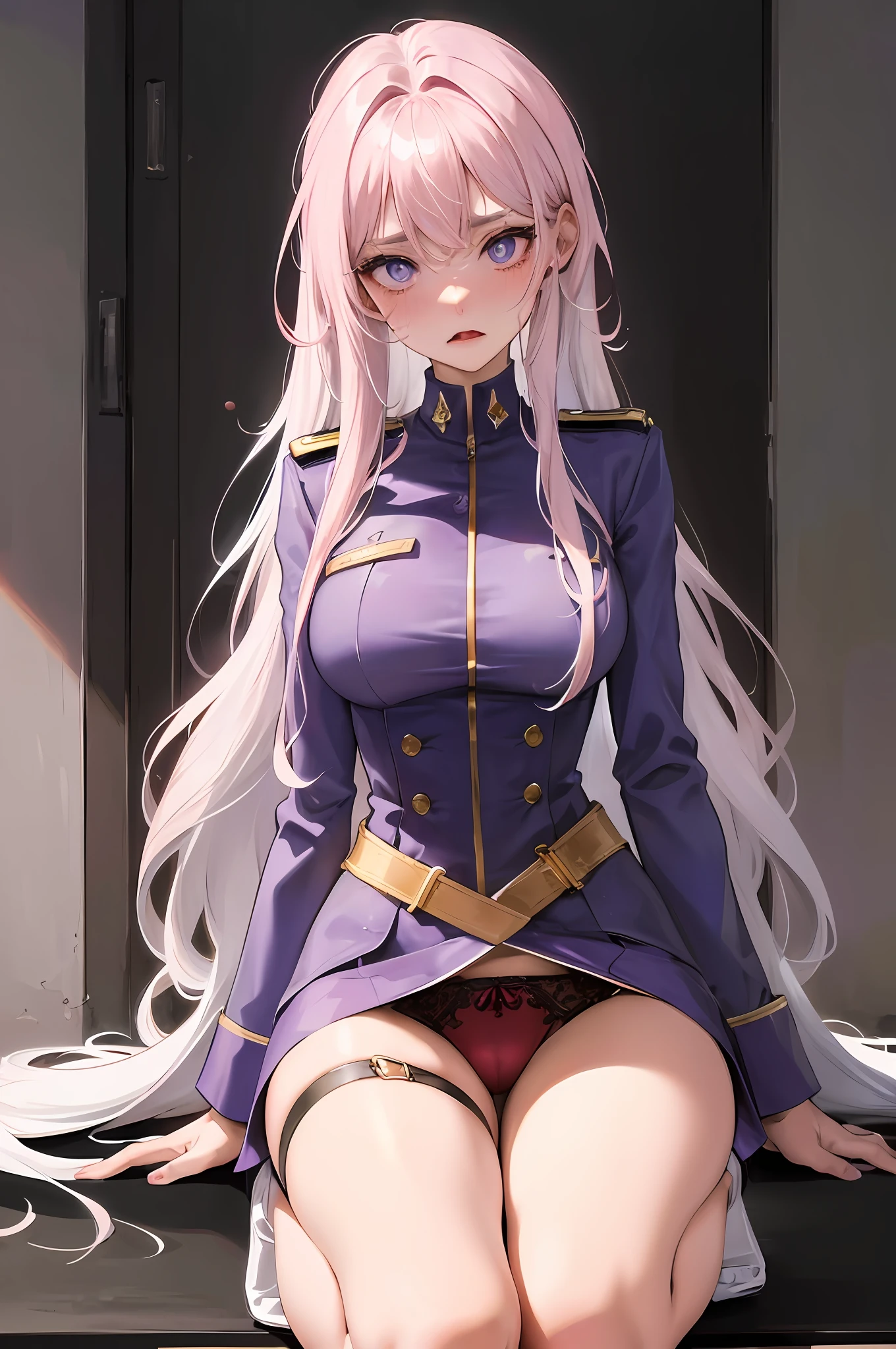 Lower body focus, masterpiece, top quality, darkness, prison, cold expression, expressionless, long white hair, light pink lips, calm, triple band, purple pupils, , facial details, correct limbs, golden ratio, (NSFW:1.0), ung woman, protruding crotch, saliva at the corner of the mouth, wearing a tight red military uniform, kneeling on the ground, opening her thighs to reveal red panties, Tightly strangled by panties, revealing a shy expression, blushing,