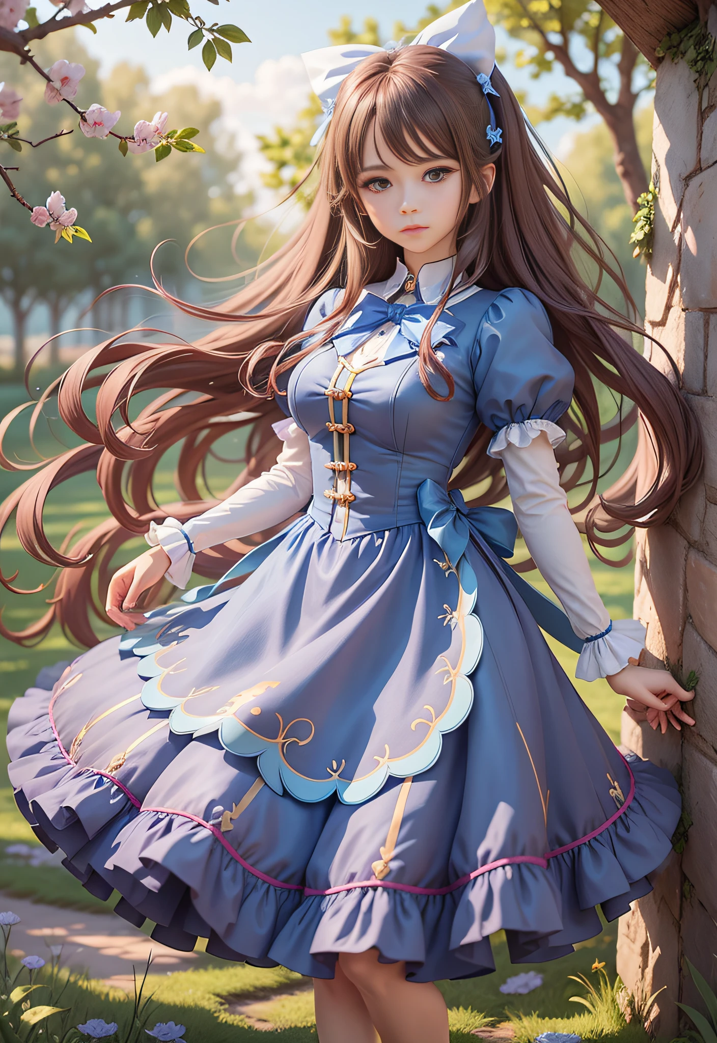 Long hair and blue dress bow, (magical girl: 1.1), outdoor, (absolute field: 1.2), (delicate face: 1), extremely detailed digital anime art, (realism: 0.4). #auto #s2