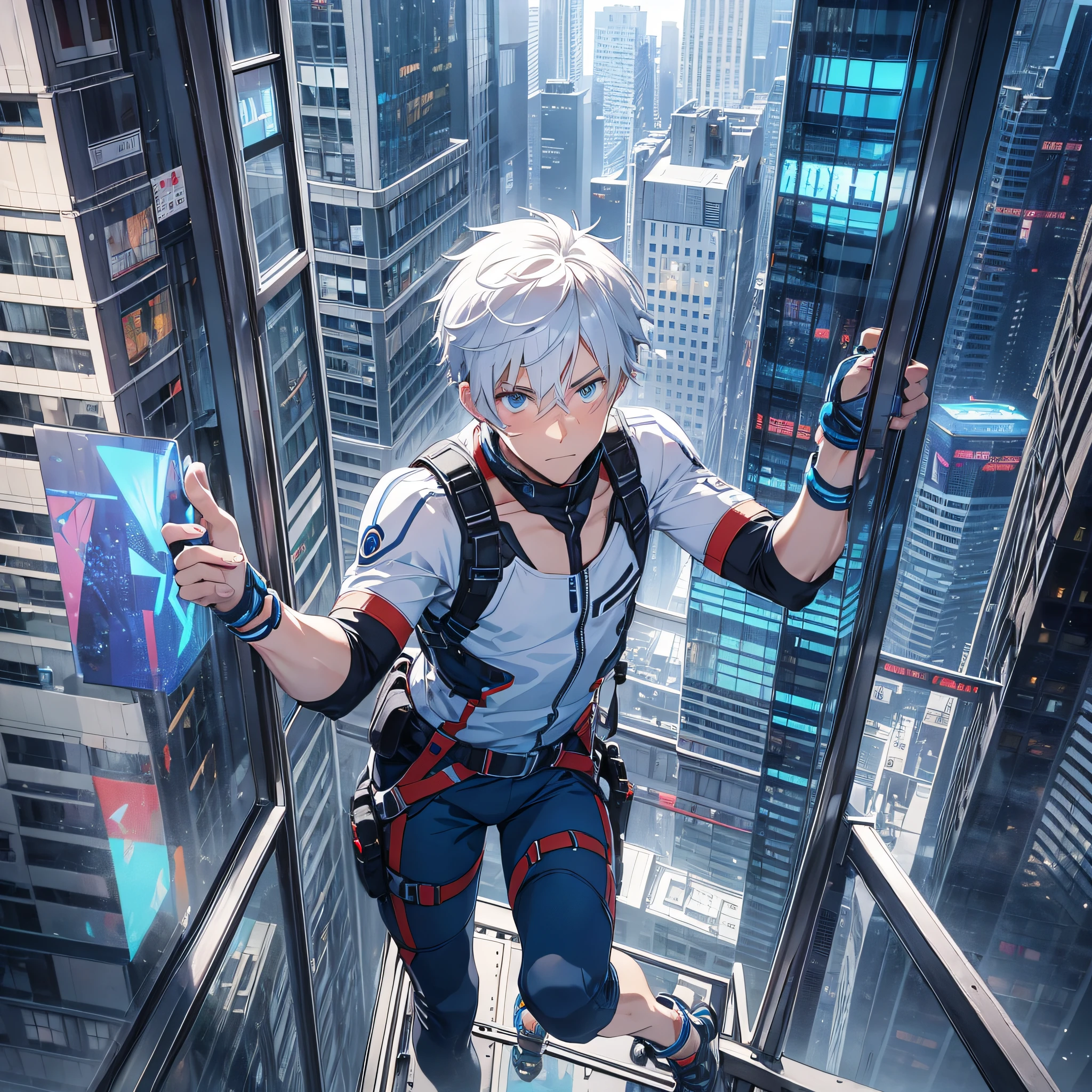 Handsome man, short white hair, blue eyes, climbing gear, greeting, embarrassed expressions, outside windows, tall buildings, floor-to-ceiling windows, extreme sports, night, cyberpunk