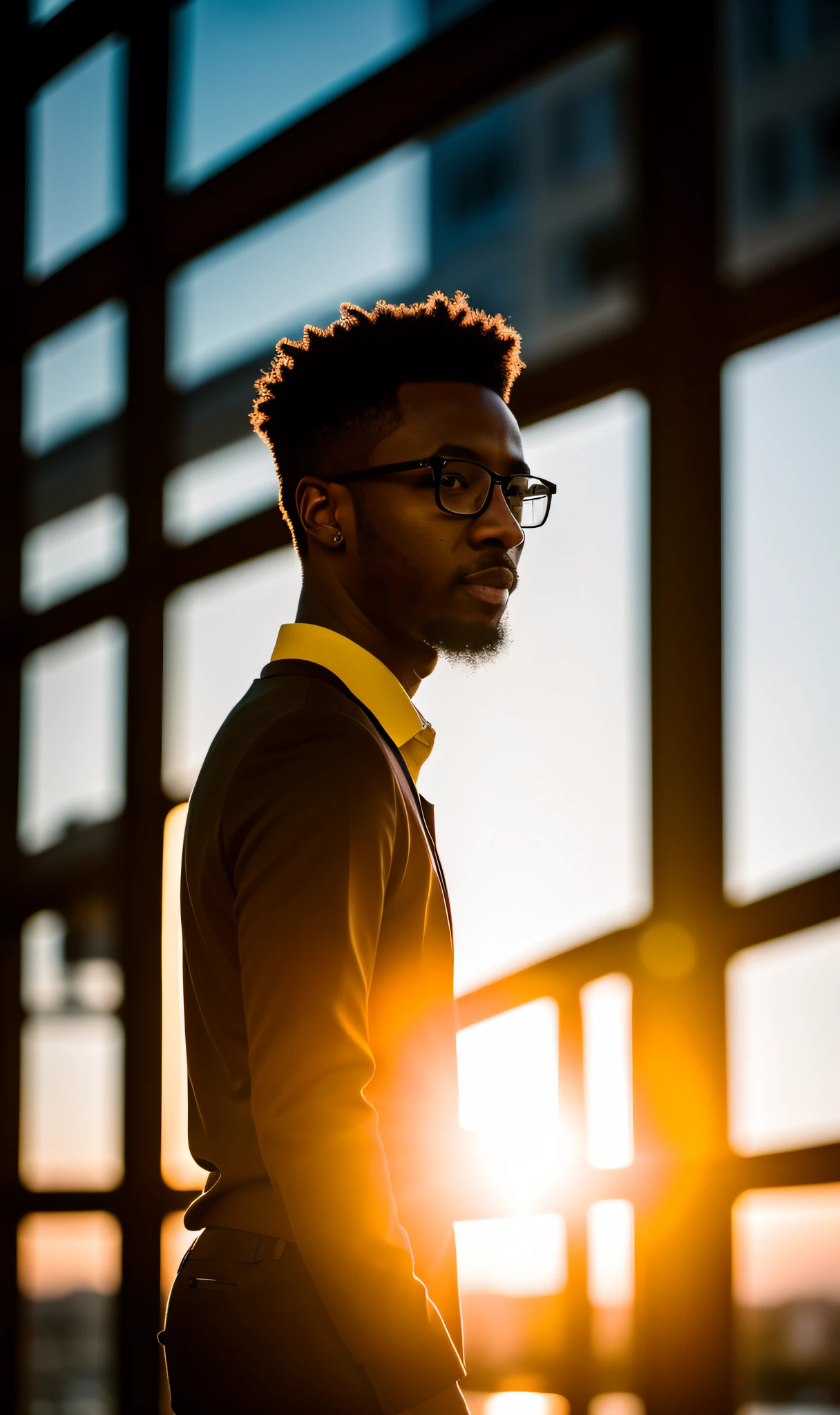 black man, 30 years old, 1.75 tall, 70Kg, civil engineer, brown skin, eyeglasses, background work of blurred building, sunset, sunbeam,