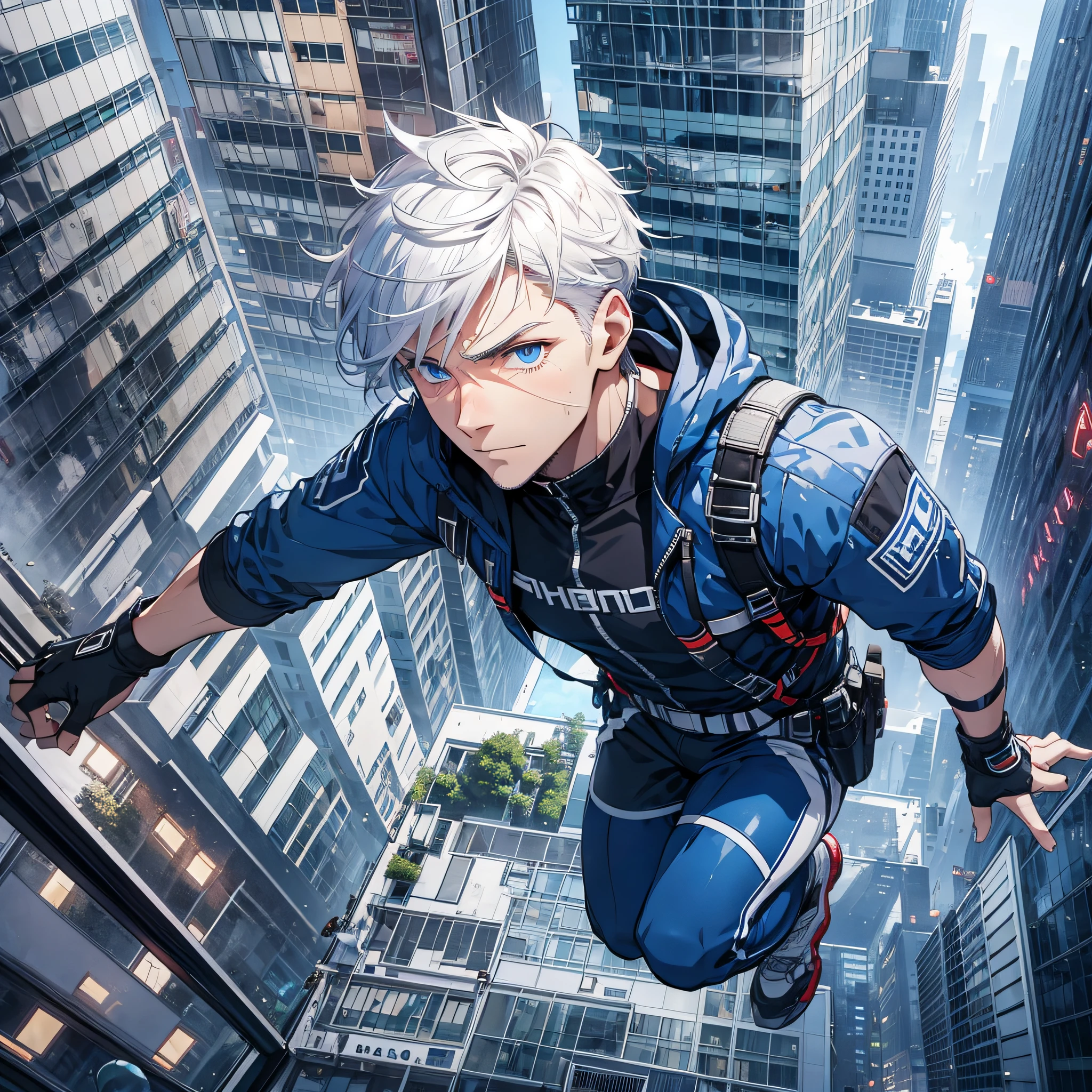 Handsome man, short white hair, blue eyes, climbing gear, greeting, embarrassed expressions, outside windows, tall buildings, floor-to-ceiling windows, extreme sports, night, cyberpunk