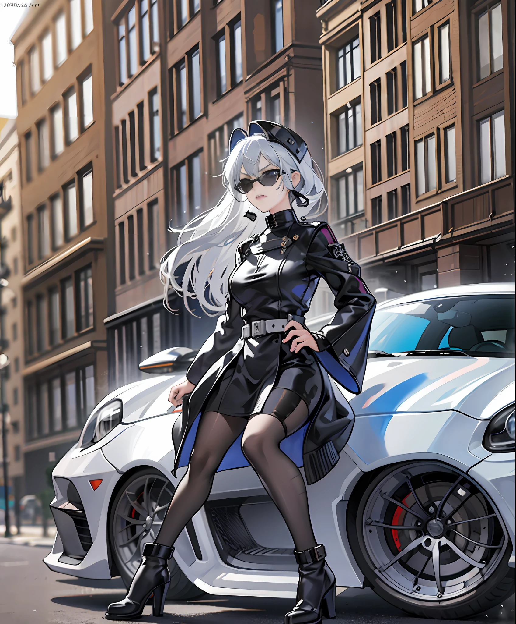 On the street, street view, ((girl gets off a supercar)), supercar, supercar panorama, silver white, special forces wearing helmet, black sunglasses, holding a miniature submachine gun, highly detailed, detailed face, fantasy, ((full body picture)) eyes cold, angry, angry, scowl, serious