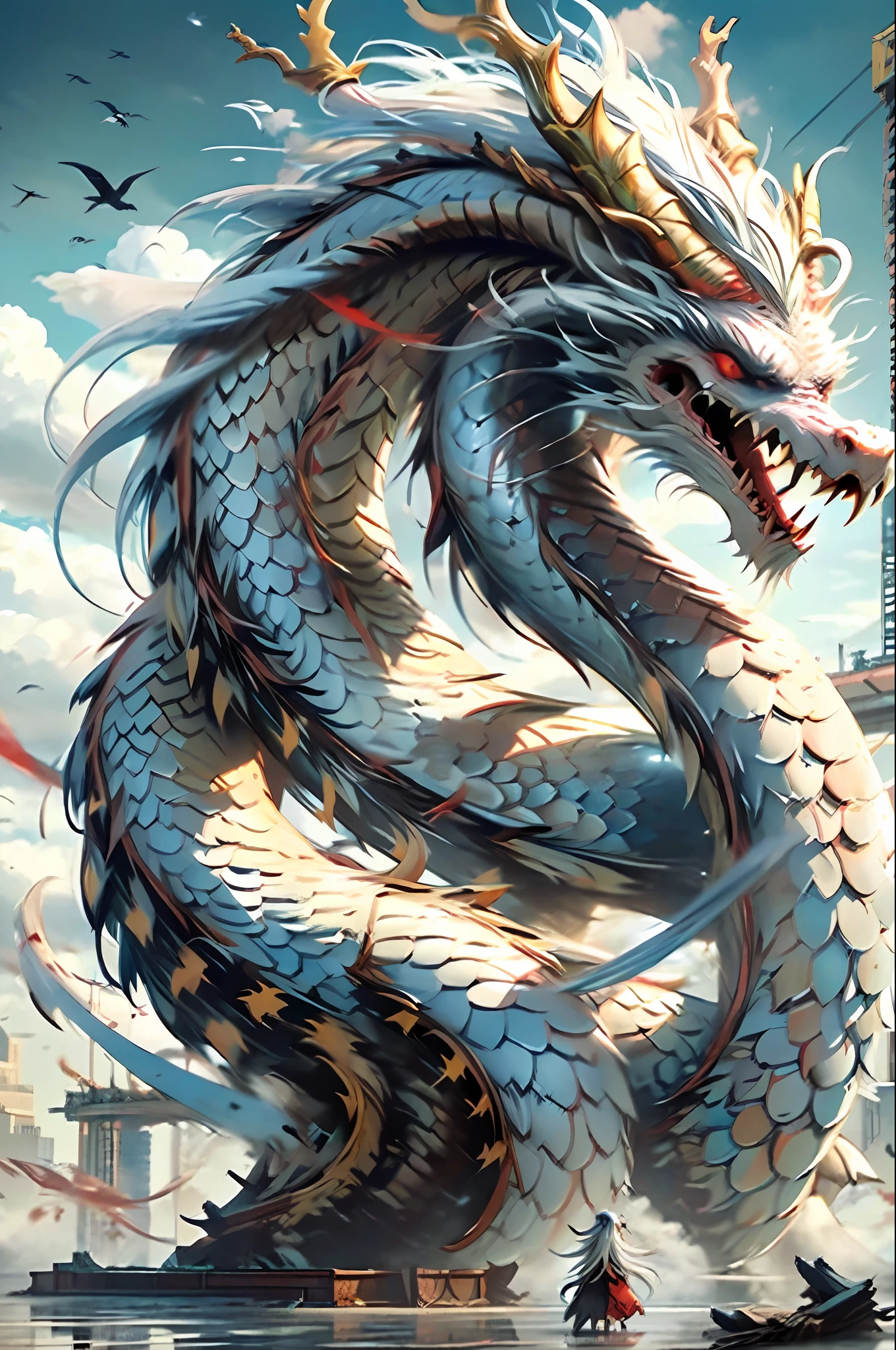 Best quality,masterpiece,ultra high res,nu no humans, (long:1.2),long hair, sharp teeth, red eyes, teeth, giant, 1girl, bird, outdoors, standing, scales, cloud, horns, from behind, armor, sky, open mouth, monster, size difference, white hair, building