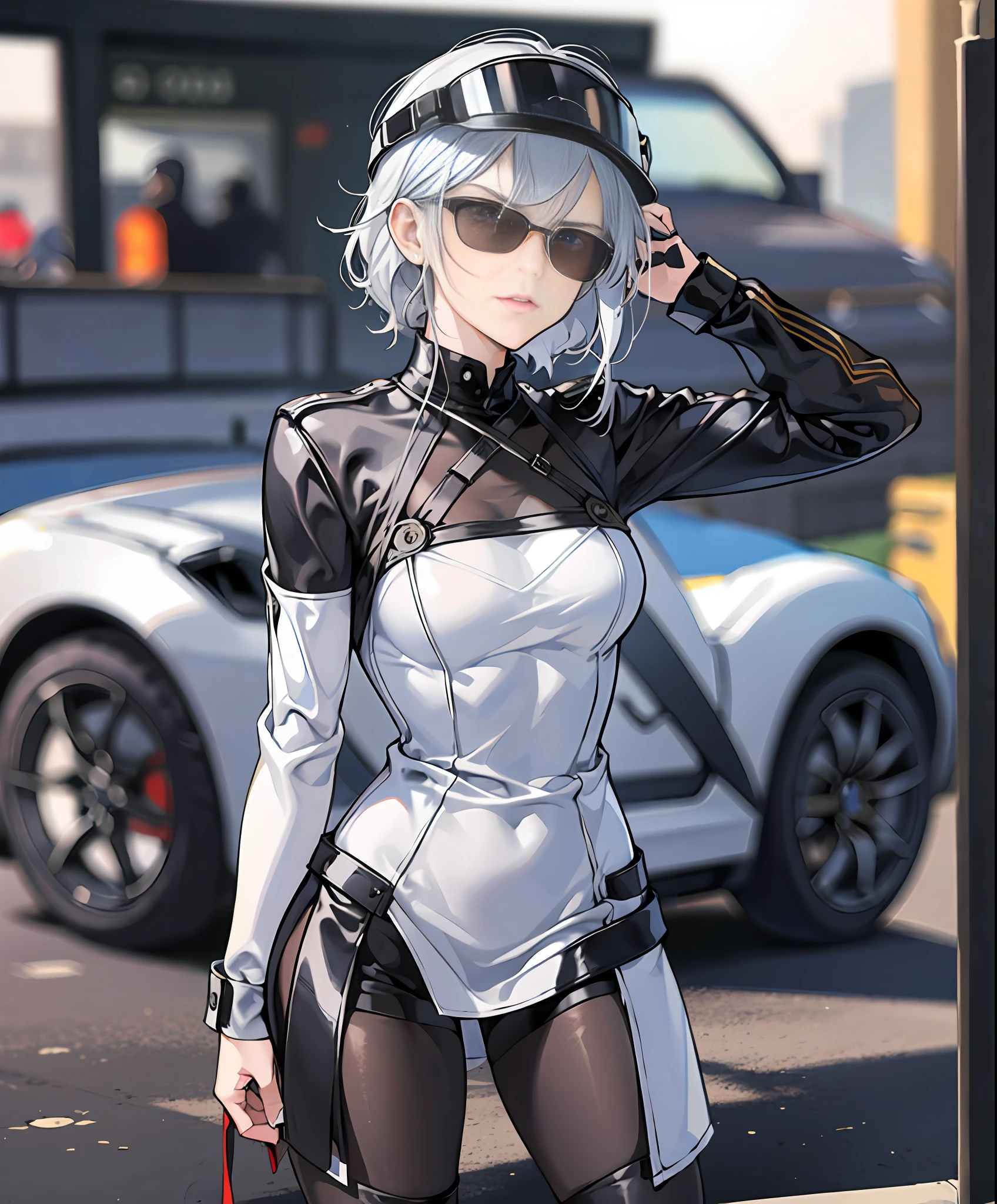 On the street, street view, ((girl gets off a supercar)), supercar, supercar panorama, silver white, special forces wearing helmet, black sunglasses, holding a miniature submachine gun, highly detailed, detailed face, fantasy, ((full body picture)) eyes cold, angry, angry, scowl, serious