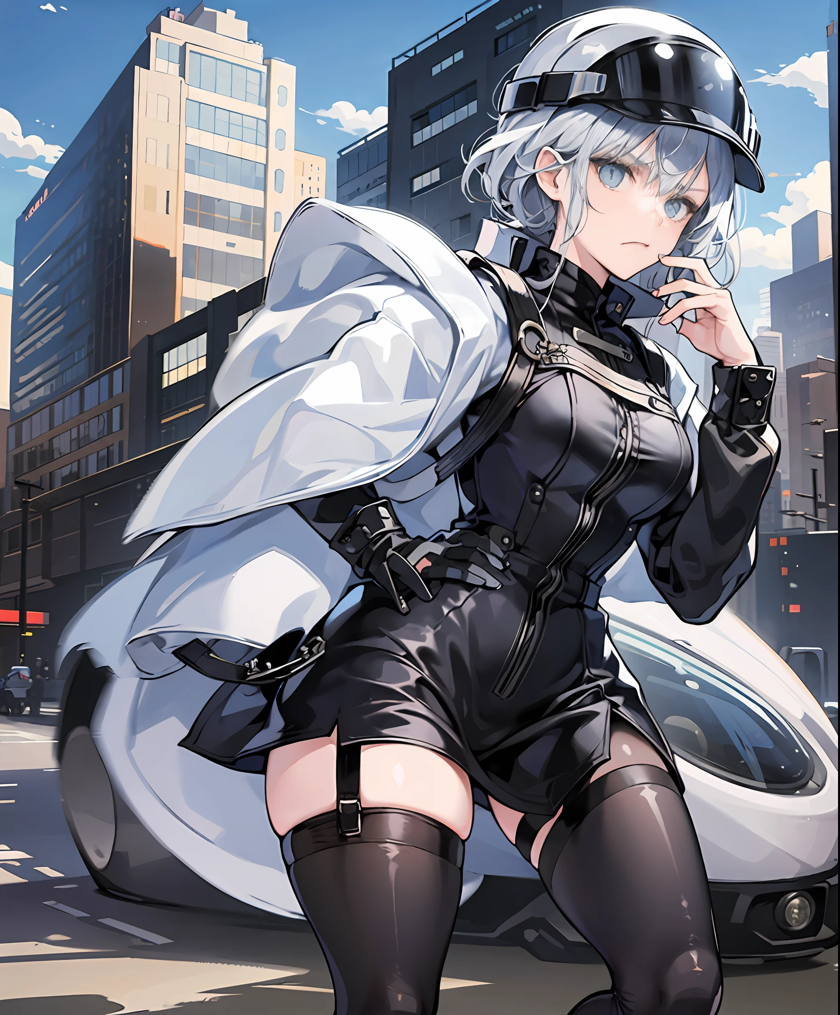On the street, street view, ((girl gets off a supercar)), supercar, supercar panorama, silver white, special forces wearing helmet, black sunglasses, holding a miniature submachine gun, highly detailed, detailed face, fantasy, ((full body picture)) eyes cold, angry, angry, scowl, serious