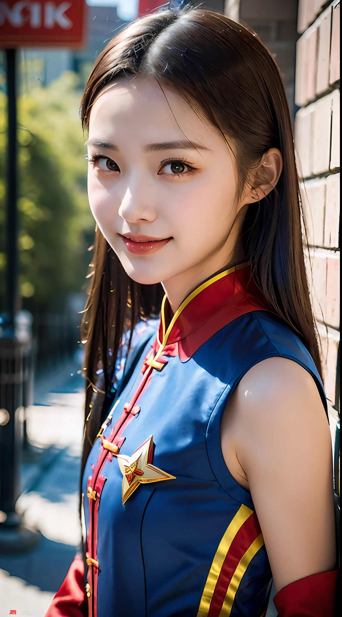 (8k, RAW photo, best quality, masterpiece: 1.2), (realistic, realistic: 1.37), 1 girl, woman posing in Chinese special forces costume posing for photo, gorgeous cosplay, beautiful costume, rank uniform, close-up, close up, phoenix crown on head, smile, no watermark, medium