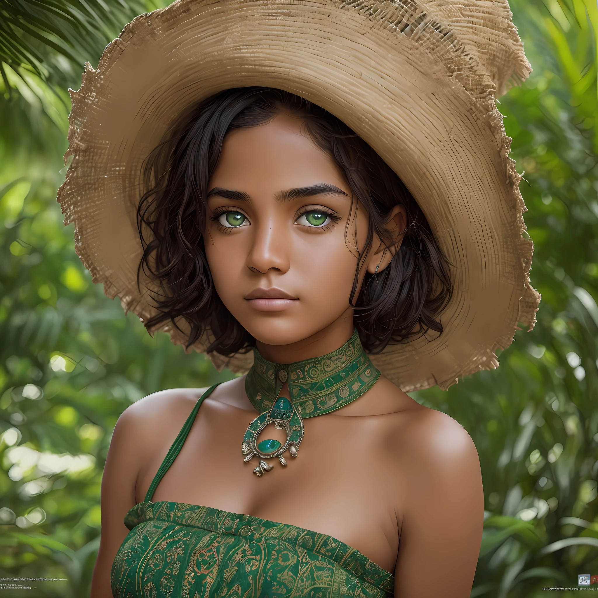 portrait, realistic, waist up character, cute latino woman, brown skin, latino skin, dark hair, short straight hair, worried face, detailed eyes, green almost sad eyes, red tribe painting around eyes, looking at the camera with her detailed green eyes, hair censoring breasts, blue dress, background with animal shapes, jungle background, photography, insanely detailed and intricate, shot on Canon DSLR, hyper detailed, by Steve McCurry --auto --s2