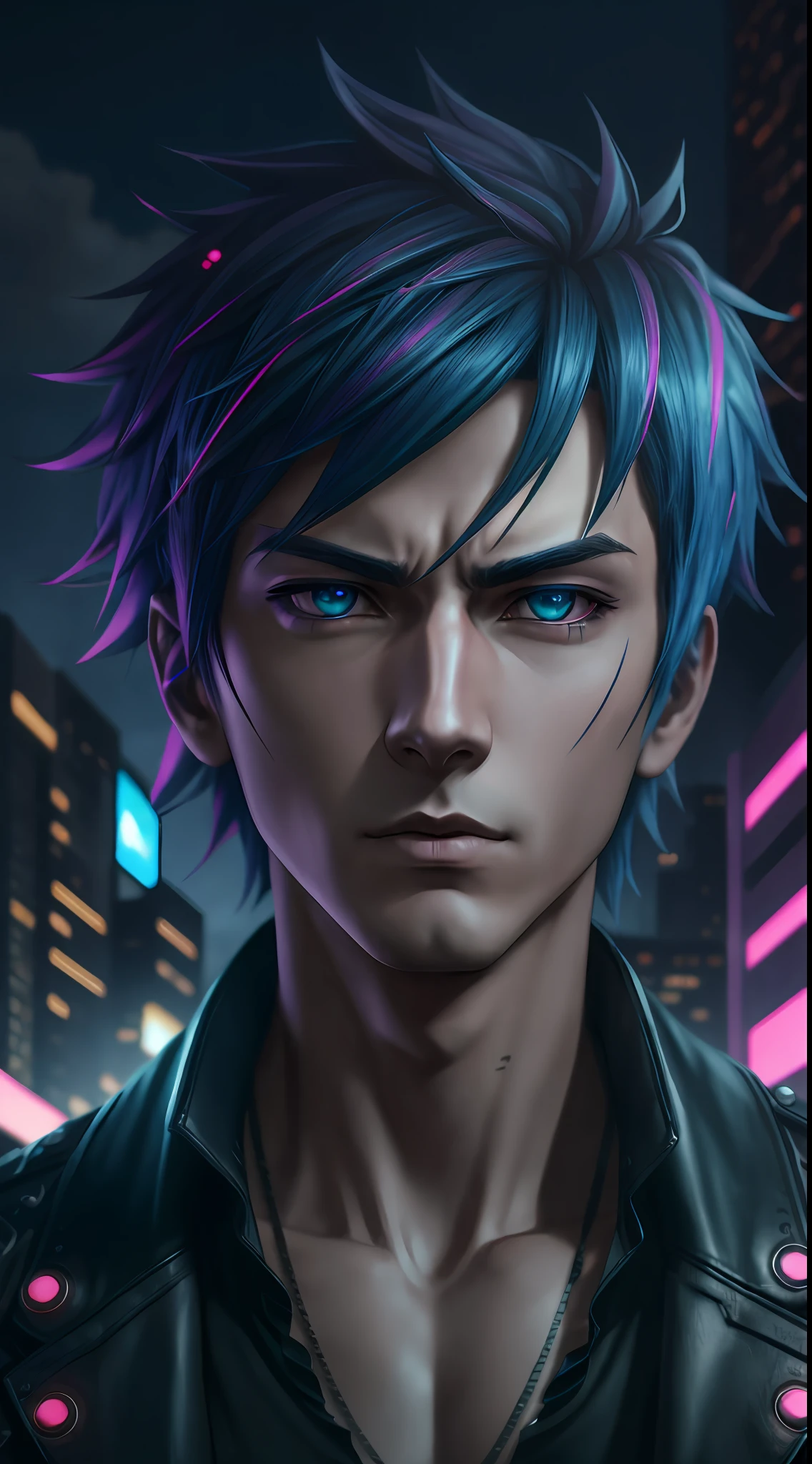 Anime male protagonist, punk style city. Mysterious and enigmatic
. Unique and original
. Unconventional and non-conformist
. Ambitious and visionary
. Sophisticated and refined;
. Impressive and imposing
. Calm and composed
. Serious and reserved
. Silent and reserved) hyper detail, high resolution, super detail, best quality, amazing, top quality, extremely detailed CG Unity 8k wallpaper, cinematic lighting, cyberpunk, dark boy, --auto --s2