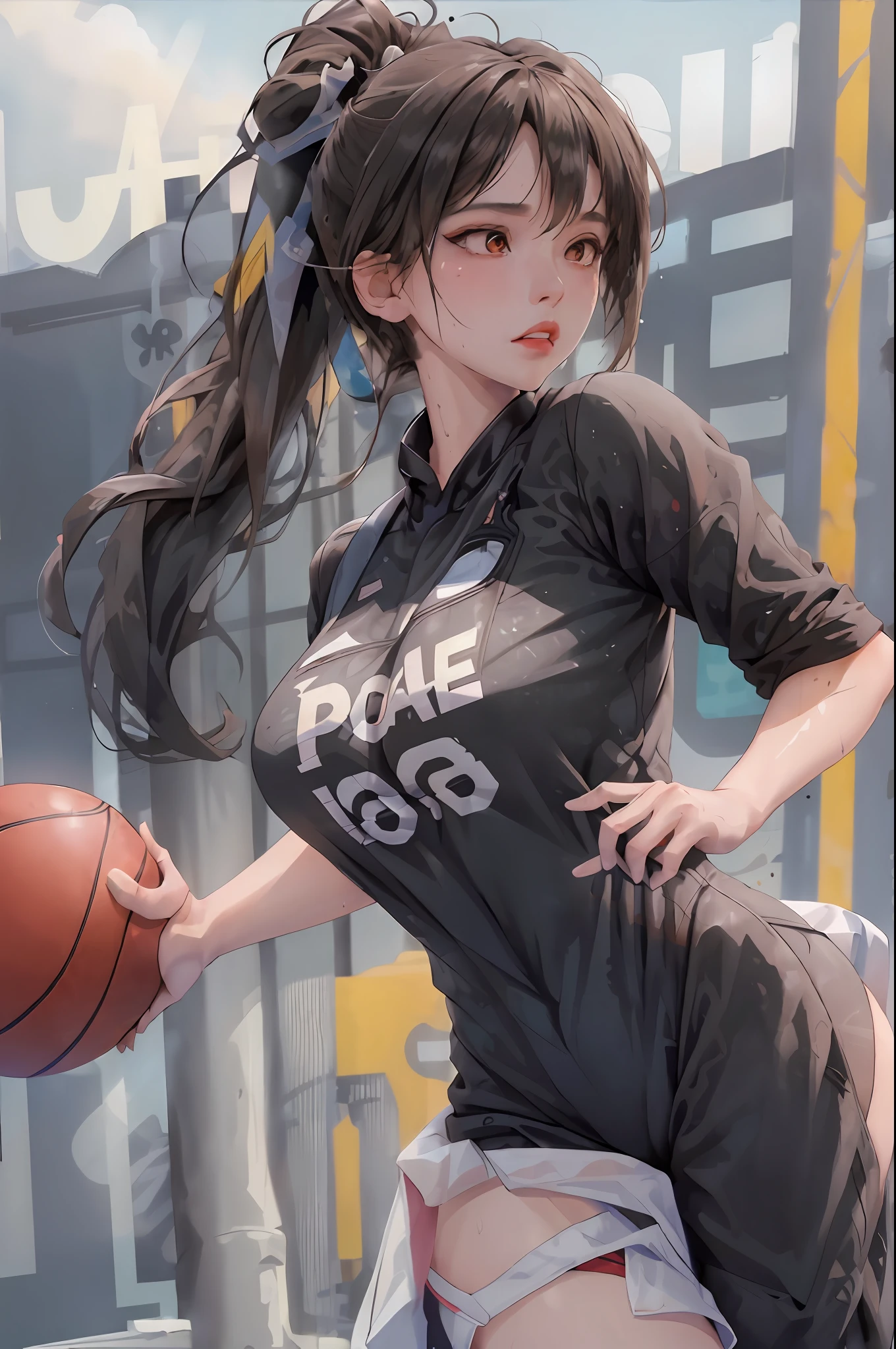 Masterpiece: 1.2, best quality), realistic, (real picture, rich details details, depth of field), (1girl, solo), makeup, cleft lip, high detail, perfect face shape, (big breasts: 1.4), (skindentation), thick thighs, wide buttocks, Thin waist, tall, coral, red lips, red eyes, ponytail, (((((basketball girl, transparent black basketball suit)))), (sweat: 1.2), (wet), sexy, blushing, sweaty