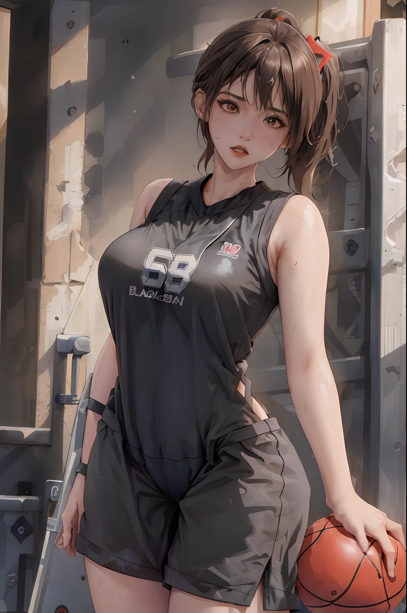 Masterpiece: 1.2, best quality), realistic, (real picture, rich details details, depth of field), (1girl, solo), makeup, cleft lip, high detail, perfect face shape, (big breasts: 1.4), (skindentation), thick thighs, wide buttocks, Thin waist, tall, coral, red lips, red eyes, ponytail, (((((basketball girl, transparent black basketball suit)))), (sweat: 1.2), (wet), sexy, blushing, sweaty