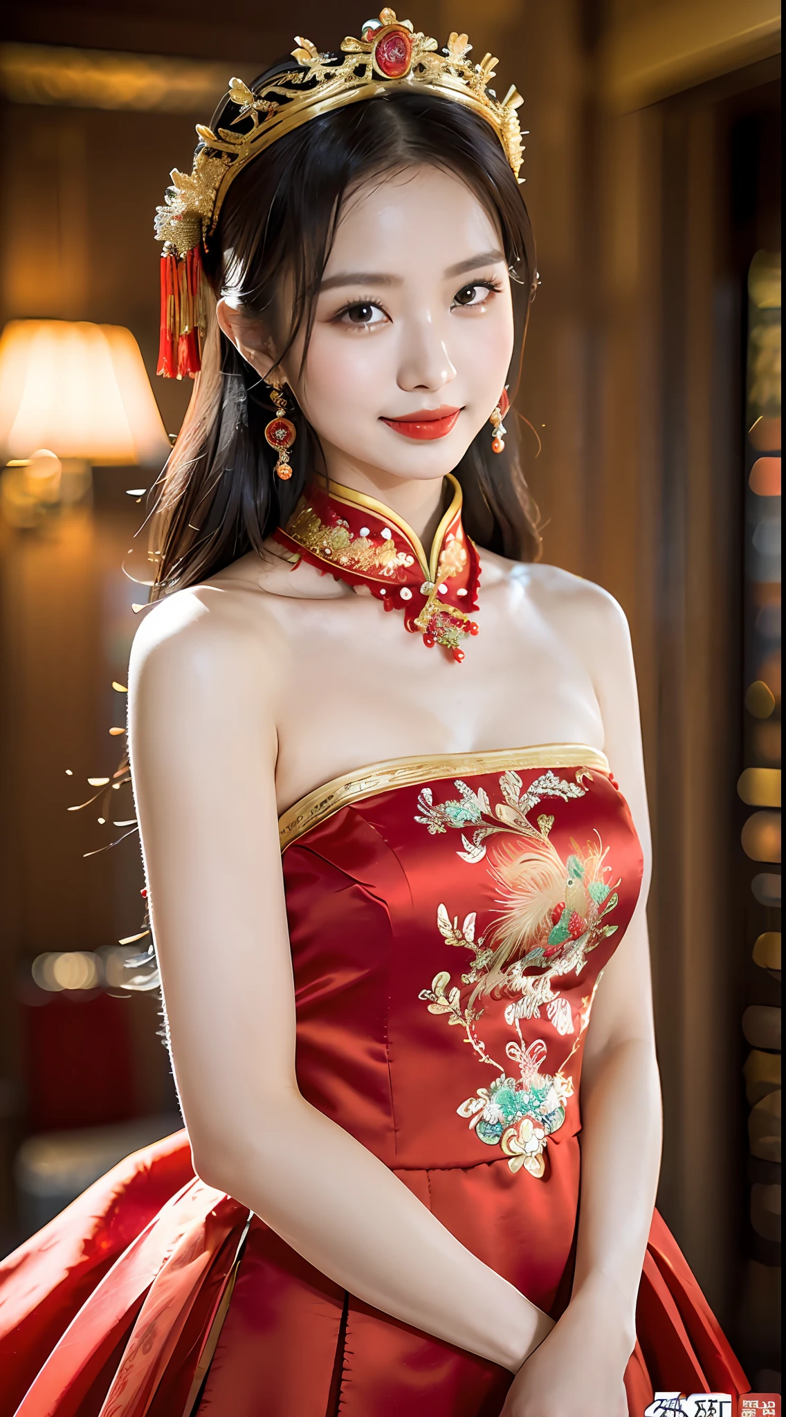 (8k, RAW Photo, Best Quality, Masterpiece: 1.2), (Realistic, Realistic: 1.37), 1 Girl, Woman in Red Dress and Headdress Posing for Photo, Gorgeous Role Play, Beautiful Costume, Chinese Dress, Complex Dress, Complex Costume, Traditional Beauty, Gorgeous Chinese Model, Chinese Costume, Wearing Gorgeous Costume, Wearing Elegant Chinese Xiuhe Dress, Chinese Wedding Dress, Phoenix Crown Xia Hanging, Antique Bride, Xiuhe Costume, Close Up, Wearing Phoenix Crown, Smile, No Watermark, Dragon and phoenix embroidered dress, medium breasts
