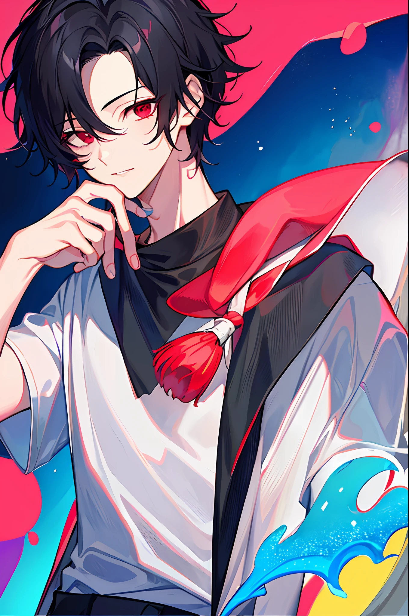 1 boy, handsome boy, black hair, comma hair, forehead comma hair, korean hair, Red eyes, T shirt, pink and blue splash, looking at viewer, upper body