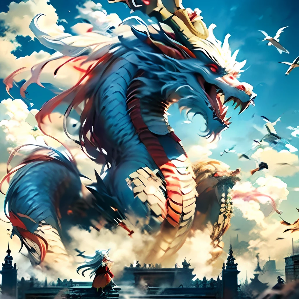 Best quality,masterpiece,ultra high res,nu no humans, (long:1.2),long hair, sharp teeth, red eyes, teeth, giant, 1girl, bird, outdoors, standing, scales, cloud, horns, from behind, armor, sky, open mouth, monster, size difference, white hair, building