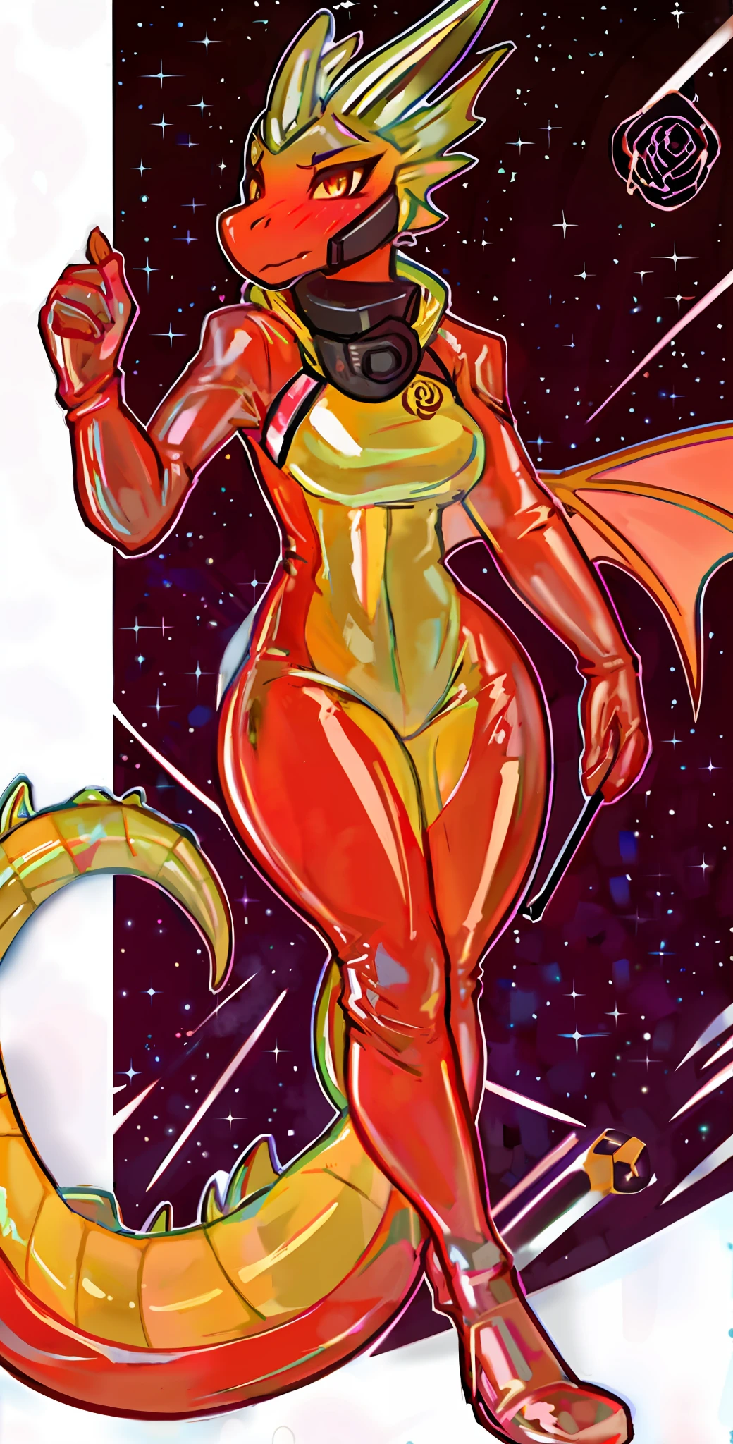 (masterpiece) best quality ultra-detailed full art cartoon depiction of Ember the dragon from the series my little pony, characterized by her (blue skin scales body) and a yellow (latex hazmat suit bodysuit type+attached respirator mask+orange latex gloves+orange latex socks) outfit with latex details. The image should be high resolution and emphasize the details of the dragon and her tight bodysuit outfit. She is blushing. Her bodysuit is completely yellow. commision art dragon, full body, anthro dragon art., super detail, 4K, highres