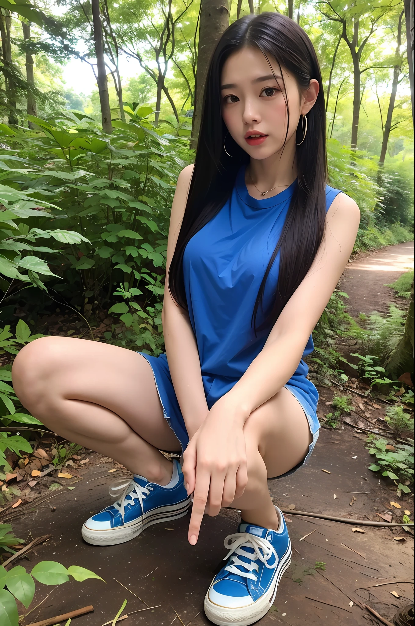 (Best Quality, Masterpiece: 1.2), Woman, Portrait, Translucent Flap Blue Shirt (Chestless), (Tong), Mullet Head, Long Black Hair, Brown Eyes, Sneakers, Knees on Both Knees, (Open Mouth), Looking at the Camera, Full Body, Outdoor, In the Woods
