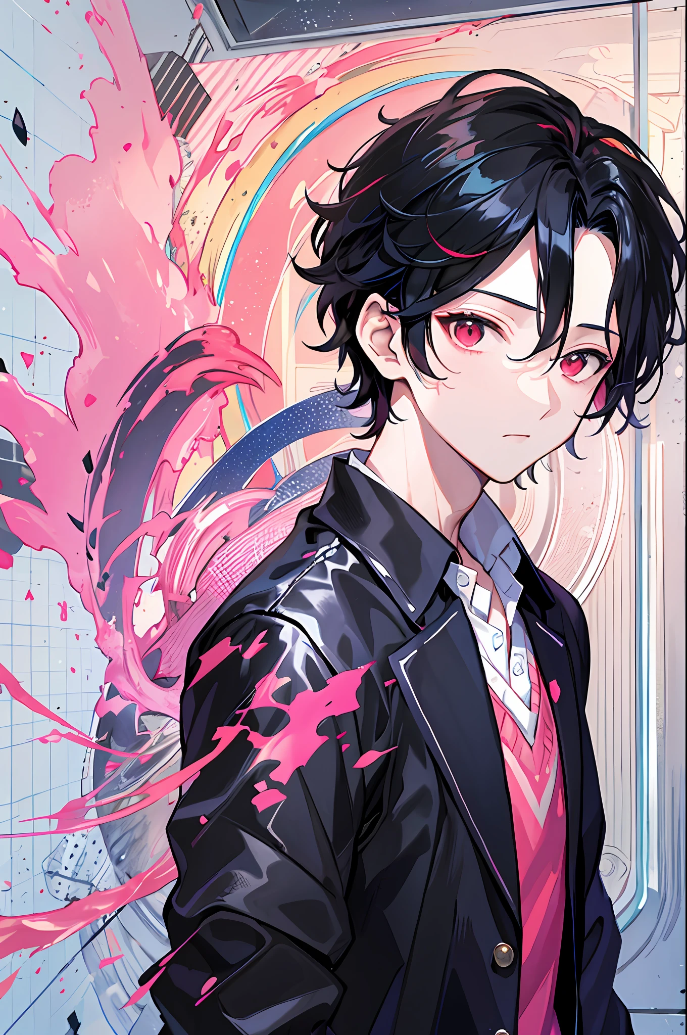 1 boy, handsome boy, black hair, comma hair, forehead comma hair, korean hair, Red eyes, pink and blue splash, looking at viewer, upper body