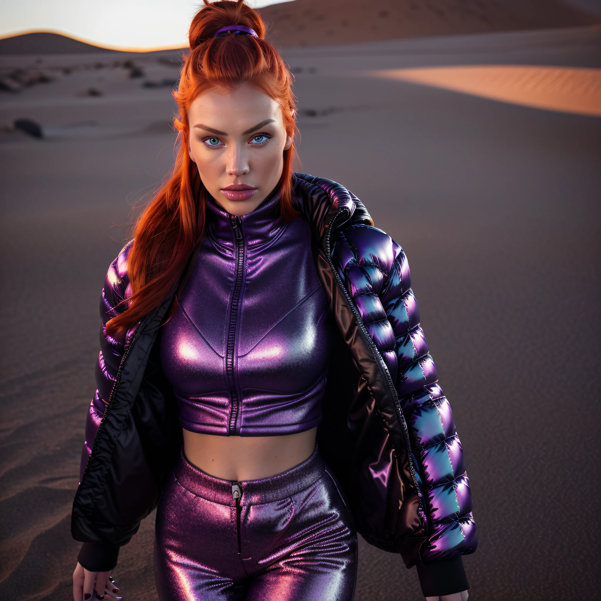 Creates a hyper realis image of a (full-body woman) with perfect Irish Nordic facial features, redhead natural red hair, with pleasant expression, wearing ((Balenciaga puffer oversized style jacket:1.5 detailed)) (((purple vivid color neon metallic reflective)), walking elegantly towards the camera in the Sahara desert with intense desert sun illumination warm colors,  Hyper realistic natural landscape realistic desert colors, best image quality, high resolution photography camera lens 100mm