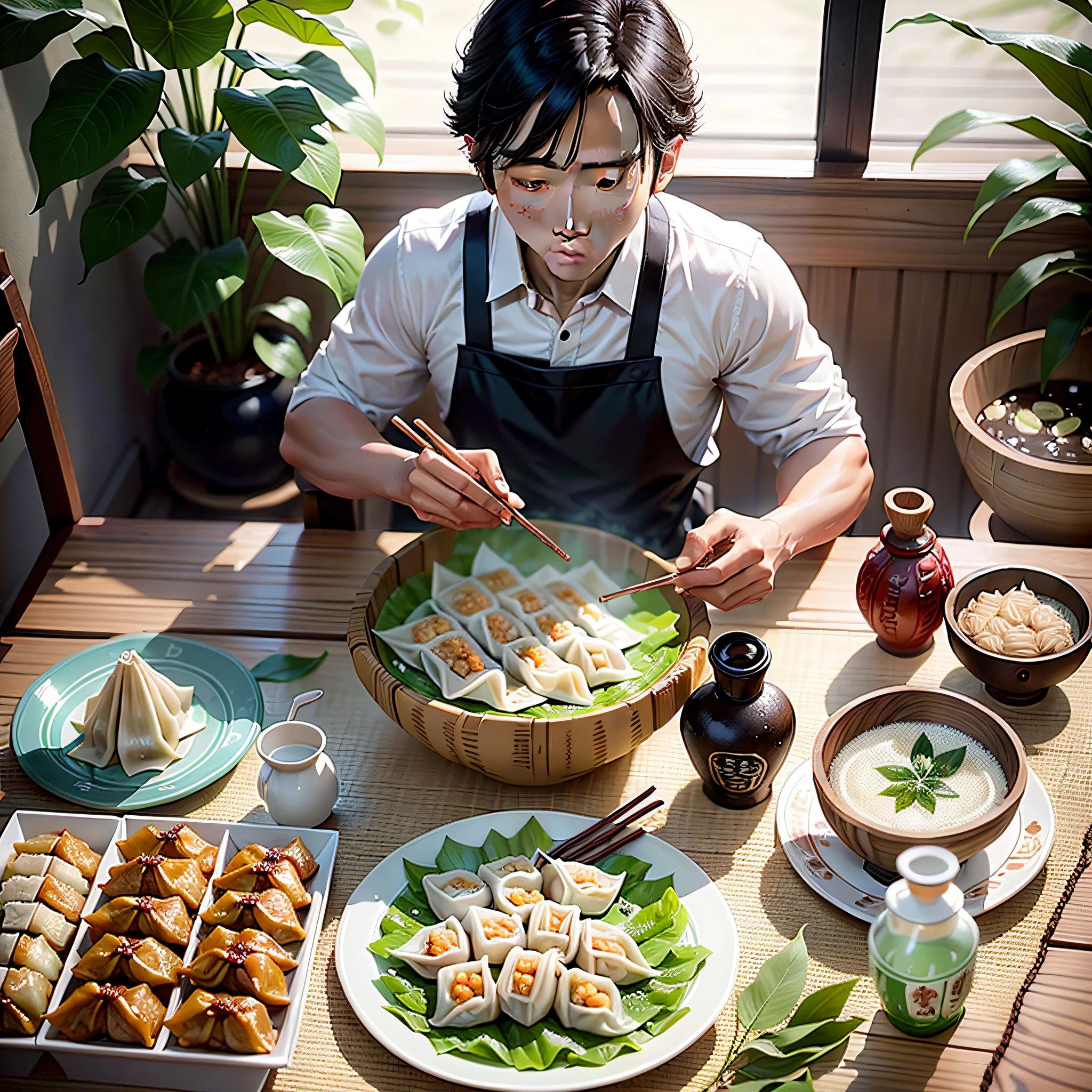 Dragon Boat Festival, there are some zongzi on a table, two bottles of yogurt, the table is white, the plate is brown, the zongzi are with zongzi leaves, exquisite, illustration style, very delicious, there is a child eating zongzi, wearing a white shirt, very handsome --auto --s2