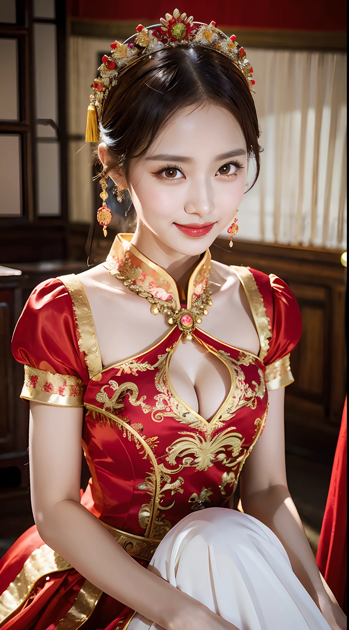 (8k, RAW Photo, Best Quality, Masterpiece: 1.2), (Realistic, Realistic: 1.37), 1 Girl, Woman in Red Dress and Headdress Posing for Photo, Gorgeous Role Play, Beautiful Costume, Chinese Dress, Complex Dress, Complex Costume, Traditional Beauty, Gorgeous Chinese Model, Chinese Costume, Wearing Gorgeous Costume, Wearing Elegant Chinese Xiuhe Dress, Chinese Wedding Dress, Phoenix Crown Xia Hanging, Antique Bride, Xiuhe Costume, Close Up, Wearing Phoenix Crown, Smile, No Watermark, Dragon and phoenix embroidered dress, medium breasts