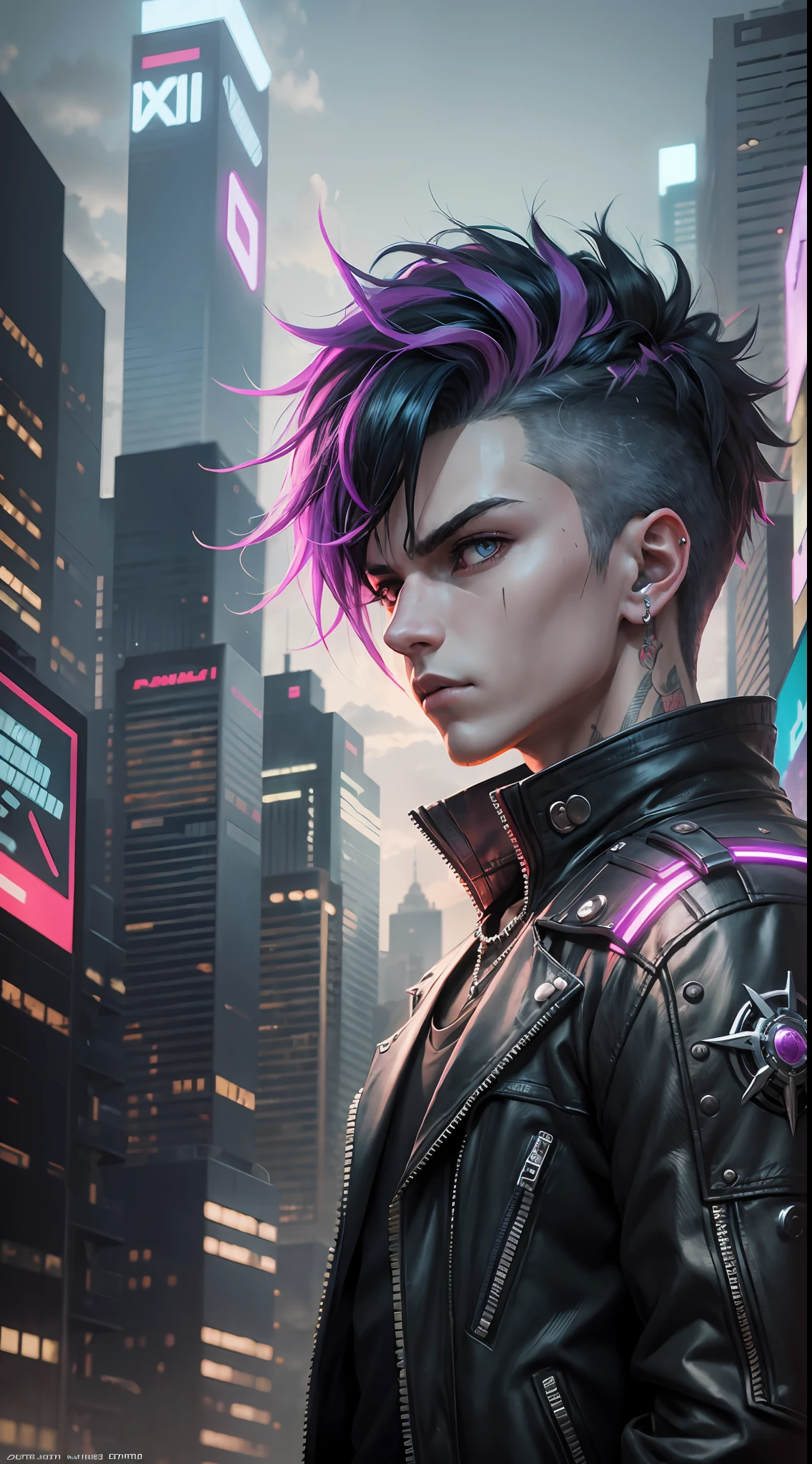 Anime male protagonist, punk style city. Mysterious and enigmatic
. Unique and original
. Unconventional and non-conformist
. Ambitious and visionary
. Sophisticated and refined;
. Impressive and imposing
. Calm and composed
. Serious and reserved
. Silent and reserved) hyper detail, high resolution, super detail, best quality, amazing, top quality, extremely detailed CG Unity 8k wallpaper, cinematic lighting, cyberpunk, dark boy, --auto --s2