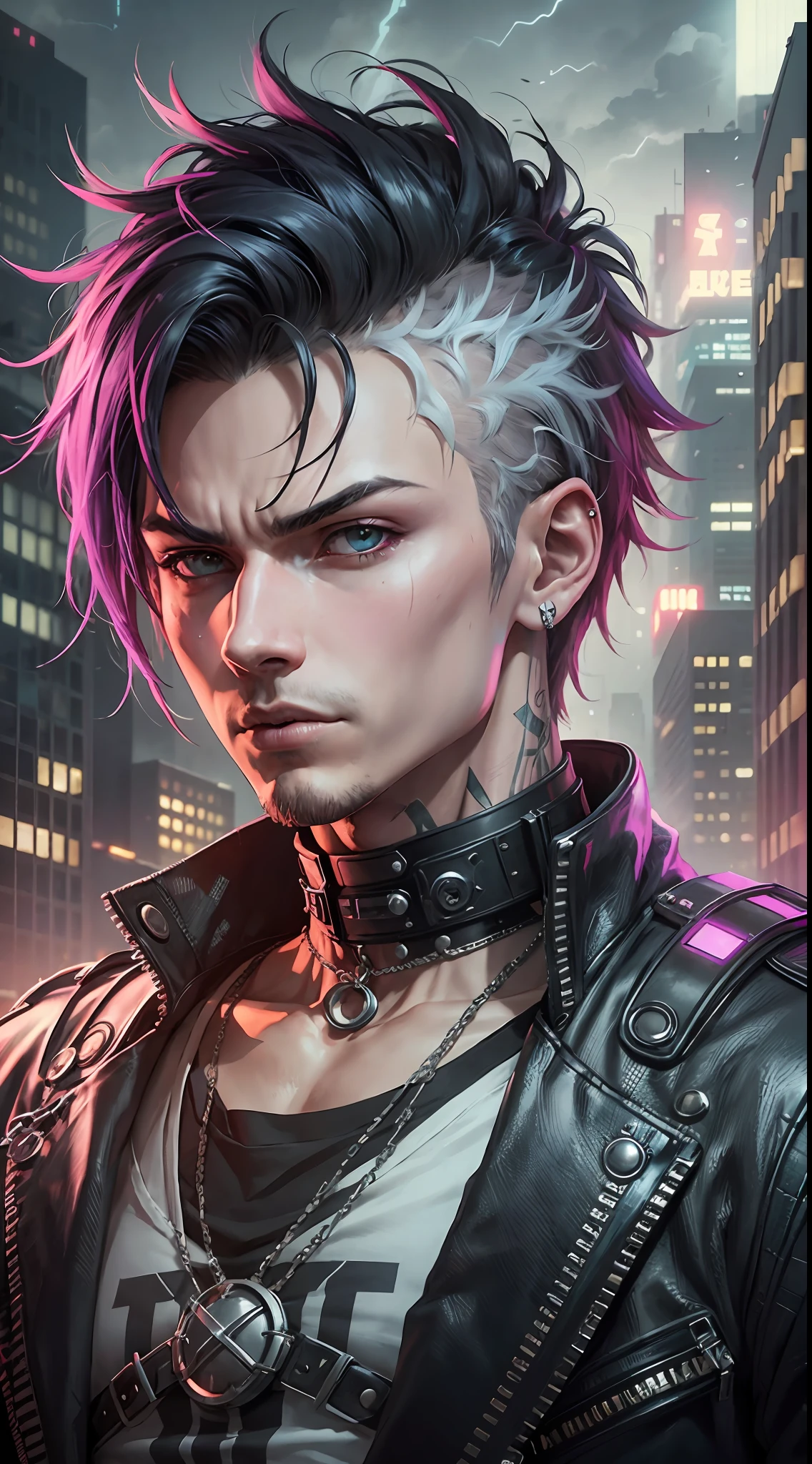 Anime male protagonist, punk style city. Mysterious and enigmatic
. Unique and original
. Unconventional and non-conformist
. Ambitious and visionary
. Sophisticated and refined;
. Impressive and imposing
. Calm and composed
. Serious and reserved
. Silent and reserved) hyper detail, high resolution, super detail, best quality, amazing, top quality, extremely detailed CG Unity 8k wallpaper, cinematic lighting, cyberpunk, dark boy, --auto --s2