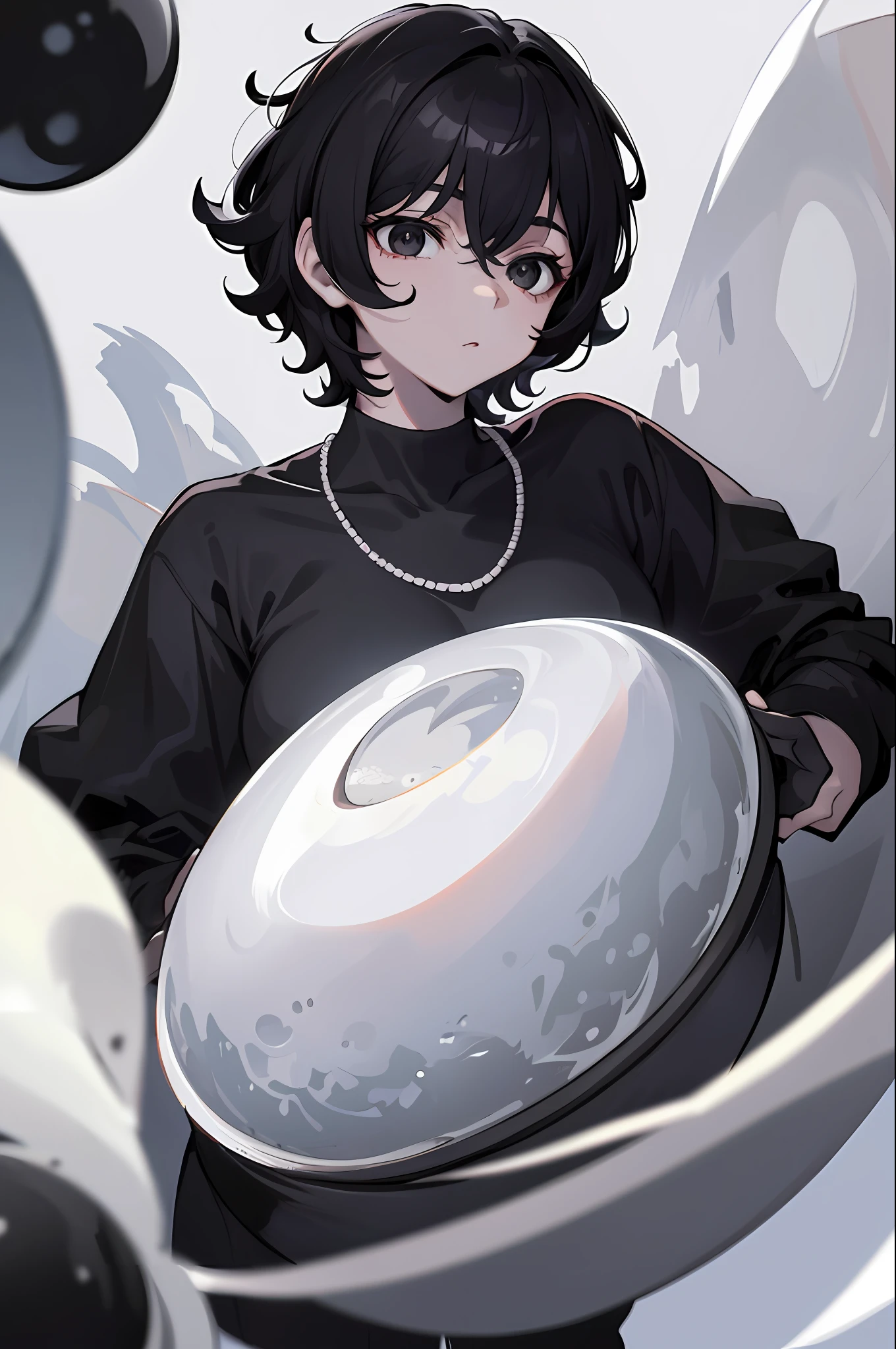 Female character, short curly black hair, white skin, black eyes, white room setting, wearing waning moon necklace, High details, 8k, high definition, black shirt