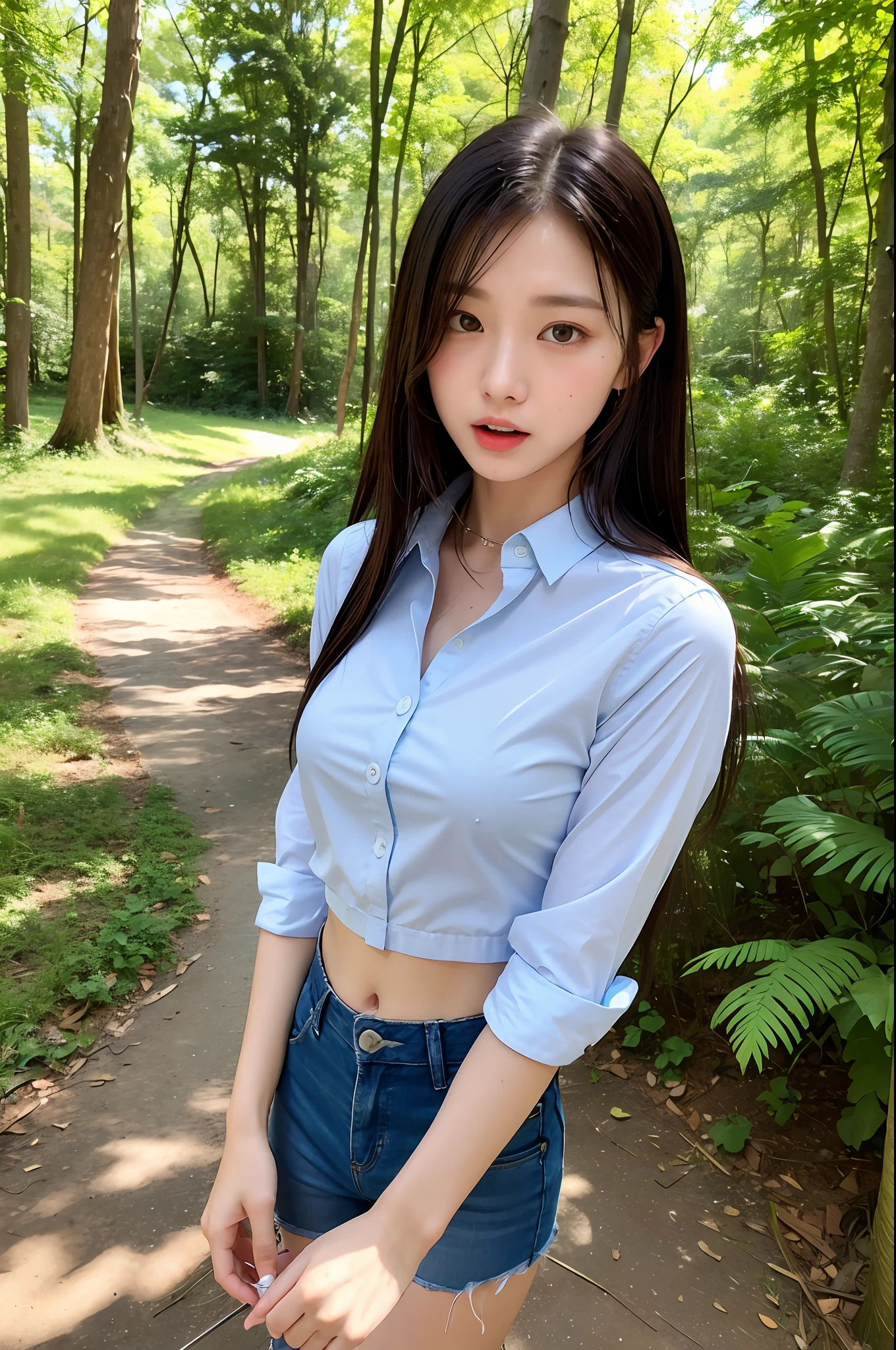 (Best Quality, Masterpiece: 1.2), Woman, Portrait, Translucent Open Collar Blue Shirt (Chestless), (Tong), Mullet Head, Long Black Hair, Brown Eyes, Sneakers, (Open Mouth, Flowing White Liquid), Looking at the Camera, Full Body, Outdoor, In the Woods