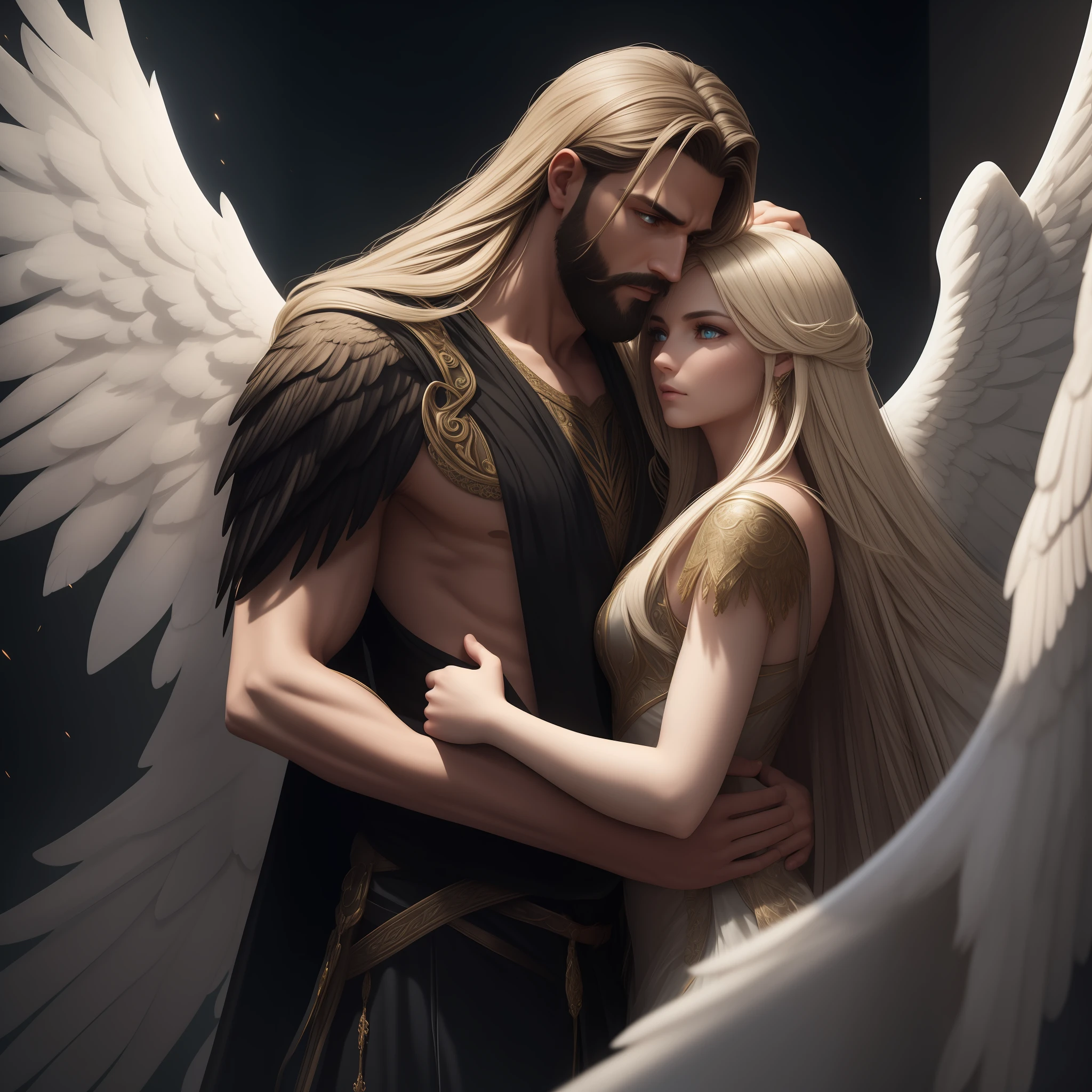 a young male angel, with long black hair, with large wings of black feathers, muscular, bearded, hugging a witch young woman with blonde hair, very thin, pale, masterpiece, best quality, intricate detail, high detail color RAW Photo, highly detailed, rough lighting, cinematic lighting, detailed eyes, distinct pupils, contrast, textured skin, cold skin pores, hard light, gigapixel, flawless face, 8k resolution, beautiful, cinematic, elegant, hyperrealistic, octane render, unreal, high definition, 8k resolution, highly detailed, 8k uhd, professional lighting, photon mapping, radiosity, physics-based rendering, perfect face, detailed face and body, award-winning photography, detailed face, backlight, ultrarealistic, ray tracing, intense look, cinematic lighting