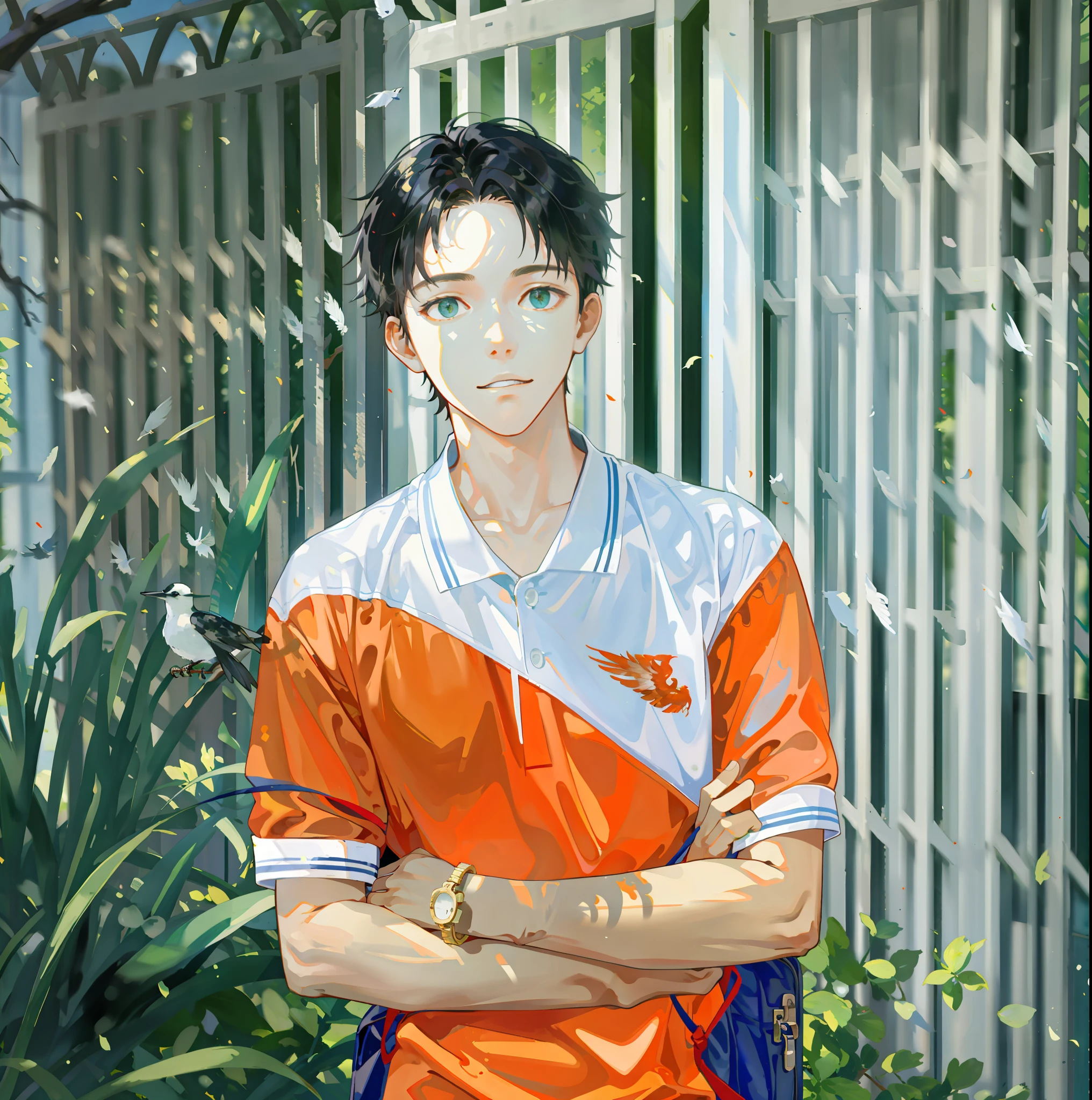 masterpiece, best quality, 1boy, male focus, handsome, residential area, fence, spindle trees, afternoon sun, the way home from school, school uniform, backpack, flock of birds, from directly side, depth of field