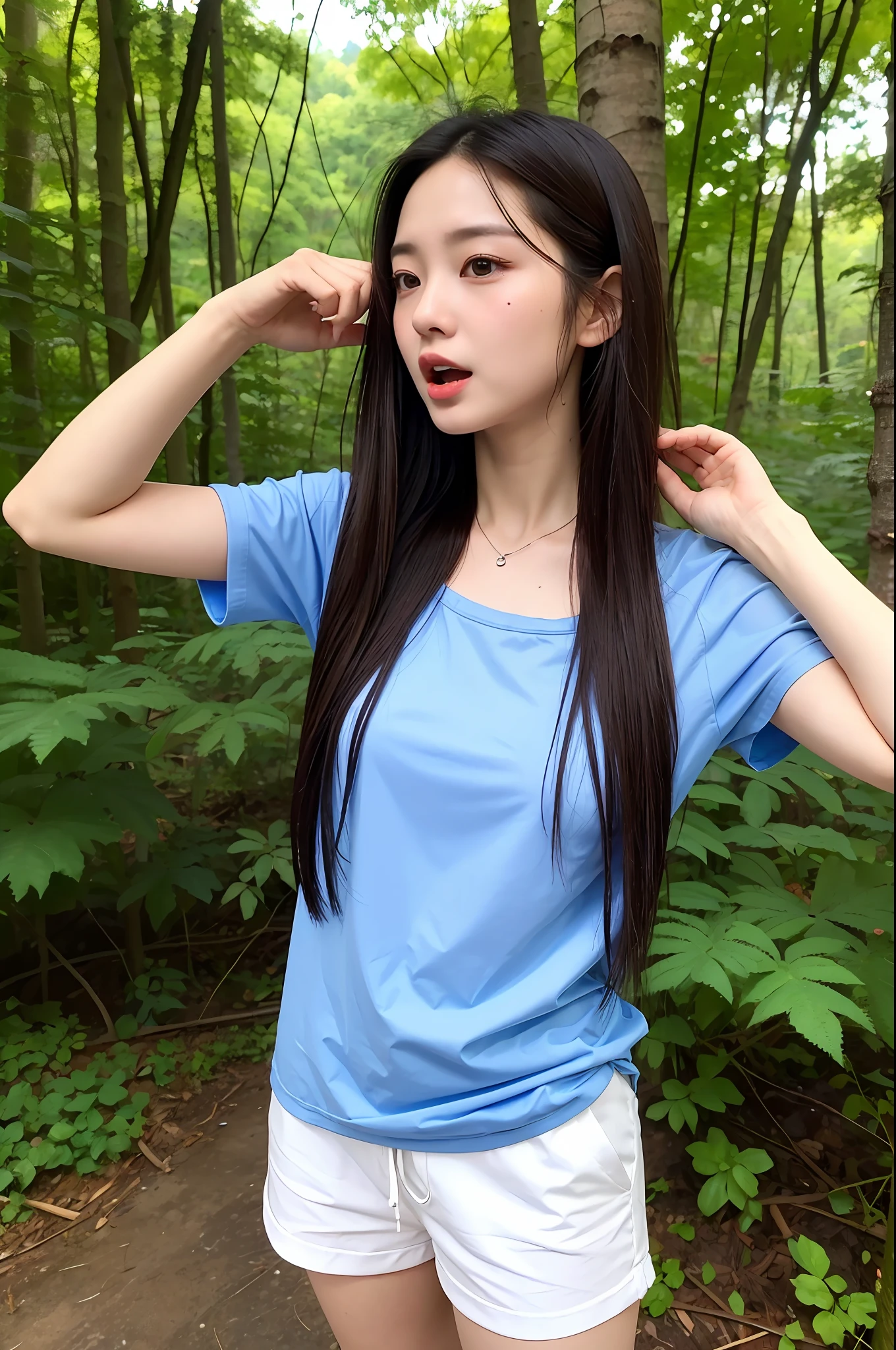 (Best Quality, Masterpiece: 1.2), Woman, Portrait, Translucent Open Collar Blue Shirt (Chestless), (Tong), Mullet Head, Long Black Hair, Brown Eyes, Sneakers, (Open Mouth, Flowing White Liquid), Looking at the Camera, Full Body, Outdoor, In the Woods