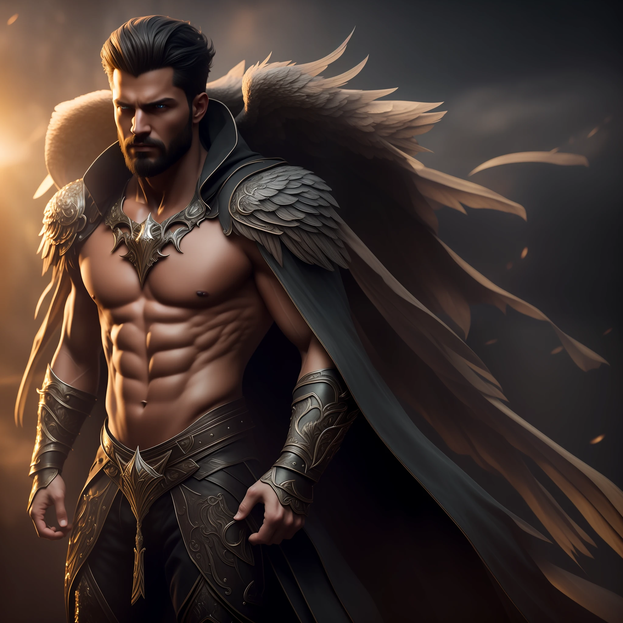 dark, (ashenhard style: 1.1), a male angel, with beams of light enveloping his body, his black feathered wings are open, muscular, bearded, wears pants, masterpiece, best quality, intricate detail, high detail color RAW Photo, highly detailed, rough lighting, cinematic lighting, detailed eyes, distinct pupils, contrast, textured skin, cold skin pores, hard light, gigapixel, flawless face,  8k resolution, beautiful, cinematic, elegant, hyperrealistic, octane render, unreal, high definition, 8k resolution, highly detailed, 8k uhd, professional lighting, photon mapping, radiosity, physics-based rendering, perfect face, detailed face and body, award-winning photography, detailed face, backlight, ultrarealistic, ray tracing, intense look, cinematic lighting