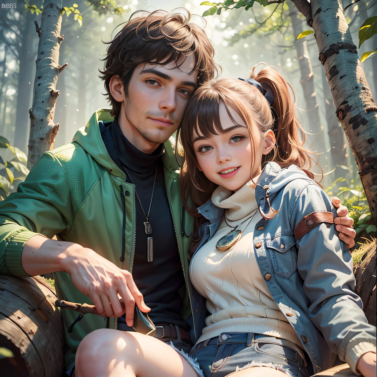 Medium shot, couple, (((a man and a woman))), two individuals, deep forest, adventure, frolic, hitting, sweet, happiness, smile, storm jacket, sweater, jeans, happy, pretty eyes, playful, surrealism, pov, romanticism, cinematic lighting, 8K, UHD, masterpiece, ccurate, anatomically correct, textured skin, high detail, high quality, high resolution, award-winning, best quality, 16K, bad body, bad hands, bad legs.