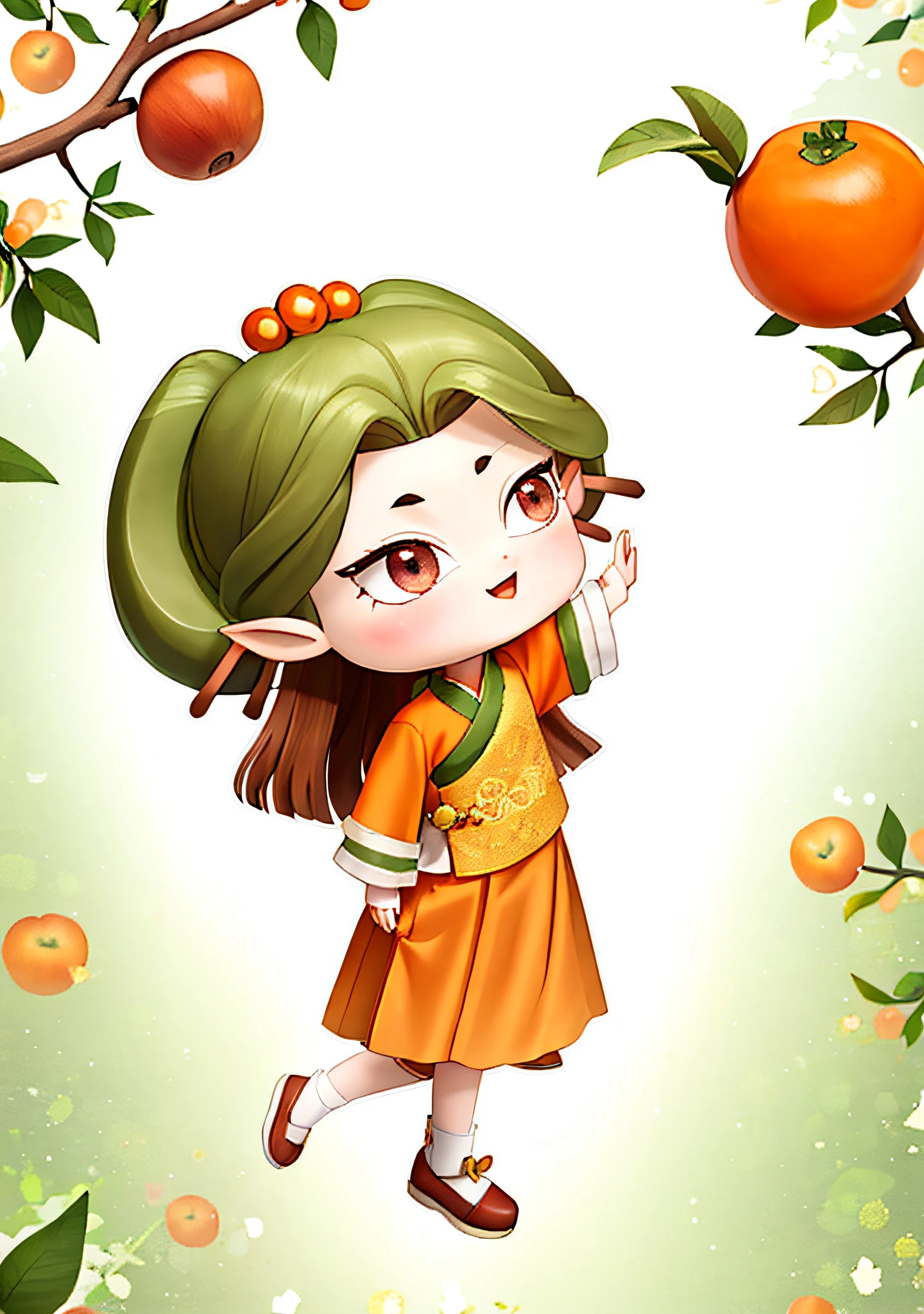 A cute elf looked at the persimmon on the branch and happily raised his hand to pick it, this elf has brown hair, a pair of beautiful brown eyes, wearing an orange hanfu, a pale yellow skirt, white raw neckline cuffs, Q version cute, blank background