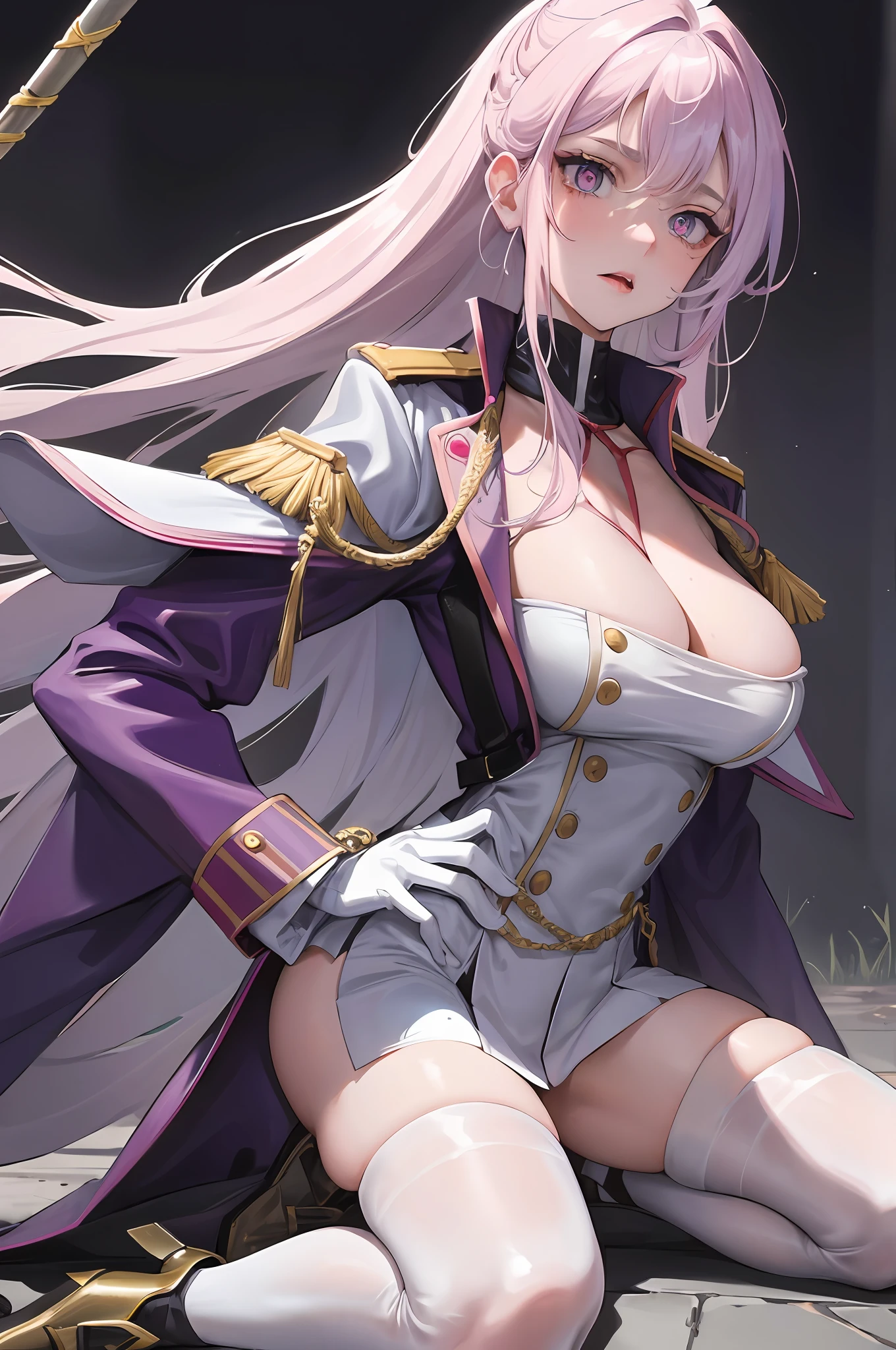 Frontal focus, masterpiece, top quality, dark, cold expression, expressionless, long white hair, light pink lips, calm, triple band, purple pupils, , facial details, correct limbs, golden ratio, (NSFW:1.0), ung woman, protruding crotch, saliva at the corner of the mouth, wearing a tight red military uniform, a stick forked in the gutter, kneeling on the ground