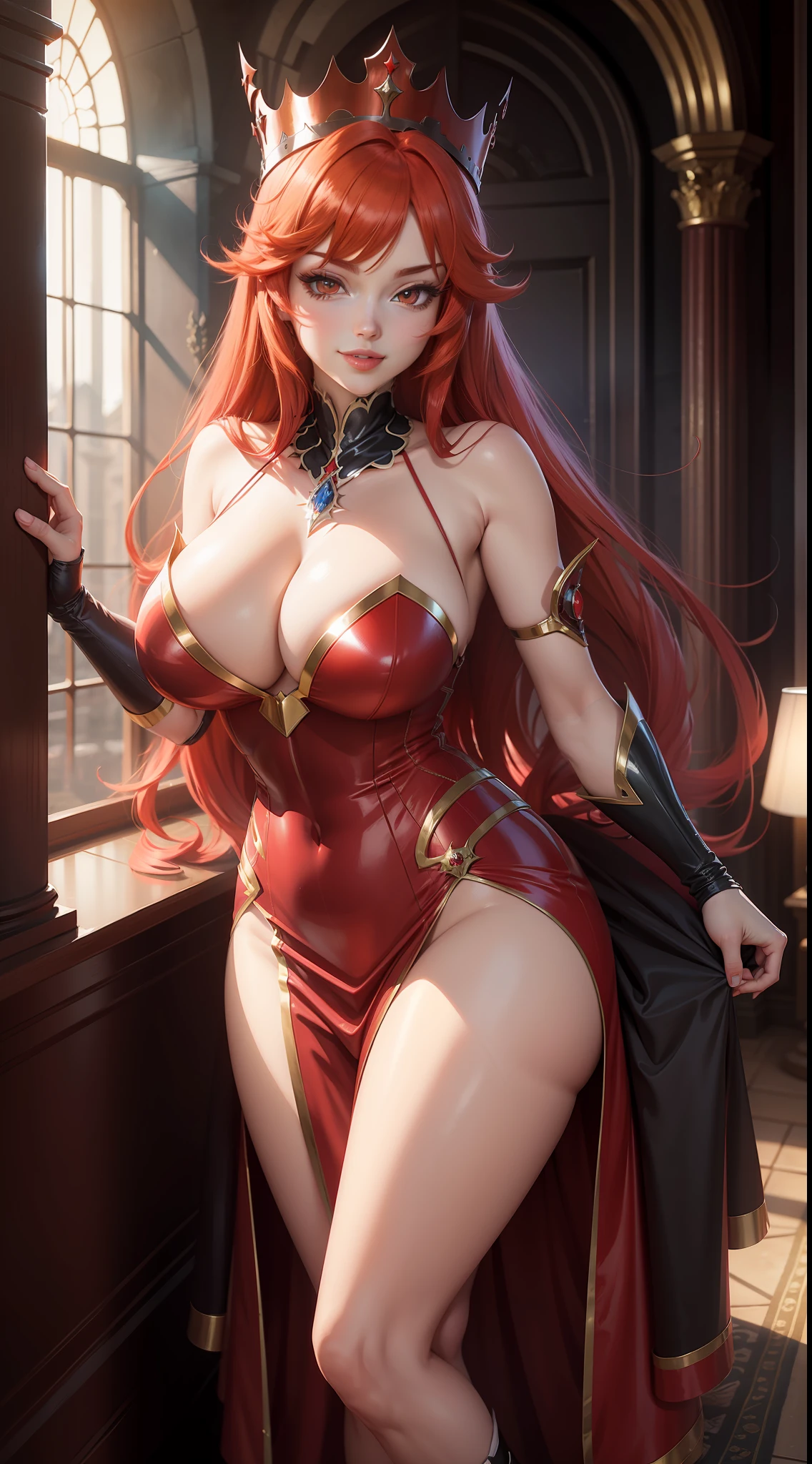 Rias Gremory, red hair, crown, seductive smile, anime style, panorama, lens flare, masterpiece, super detail, best quality, 8k