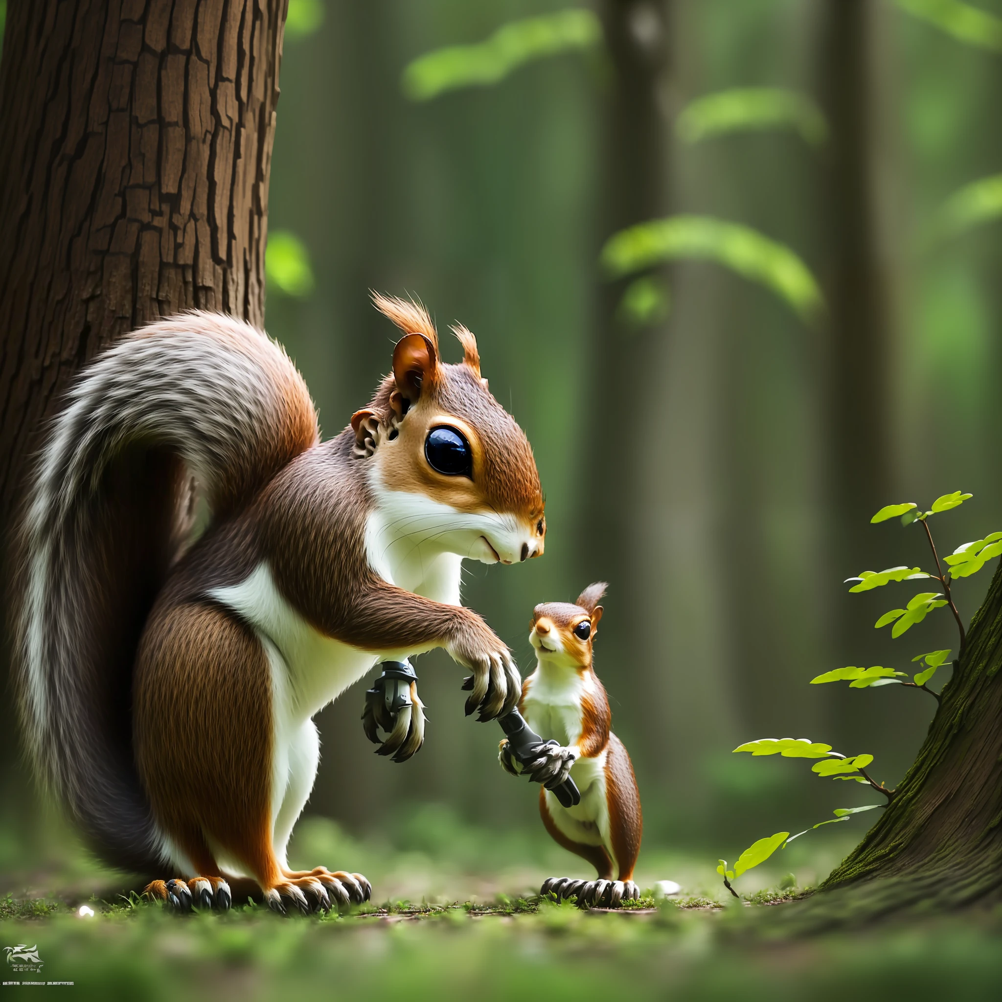 (extremely detailed CG unity 8k wallpaper,masterpiece, best quality, ultra-detailed),(best illumination, best shadow, an extremely delicate and beautiful),(curious squirrel:1.2,robot),(approaching,sniffing,inspecting),(forest)