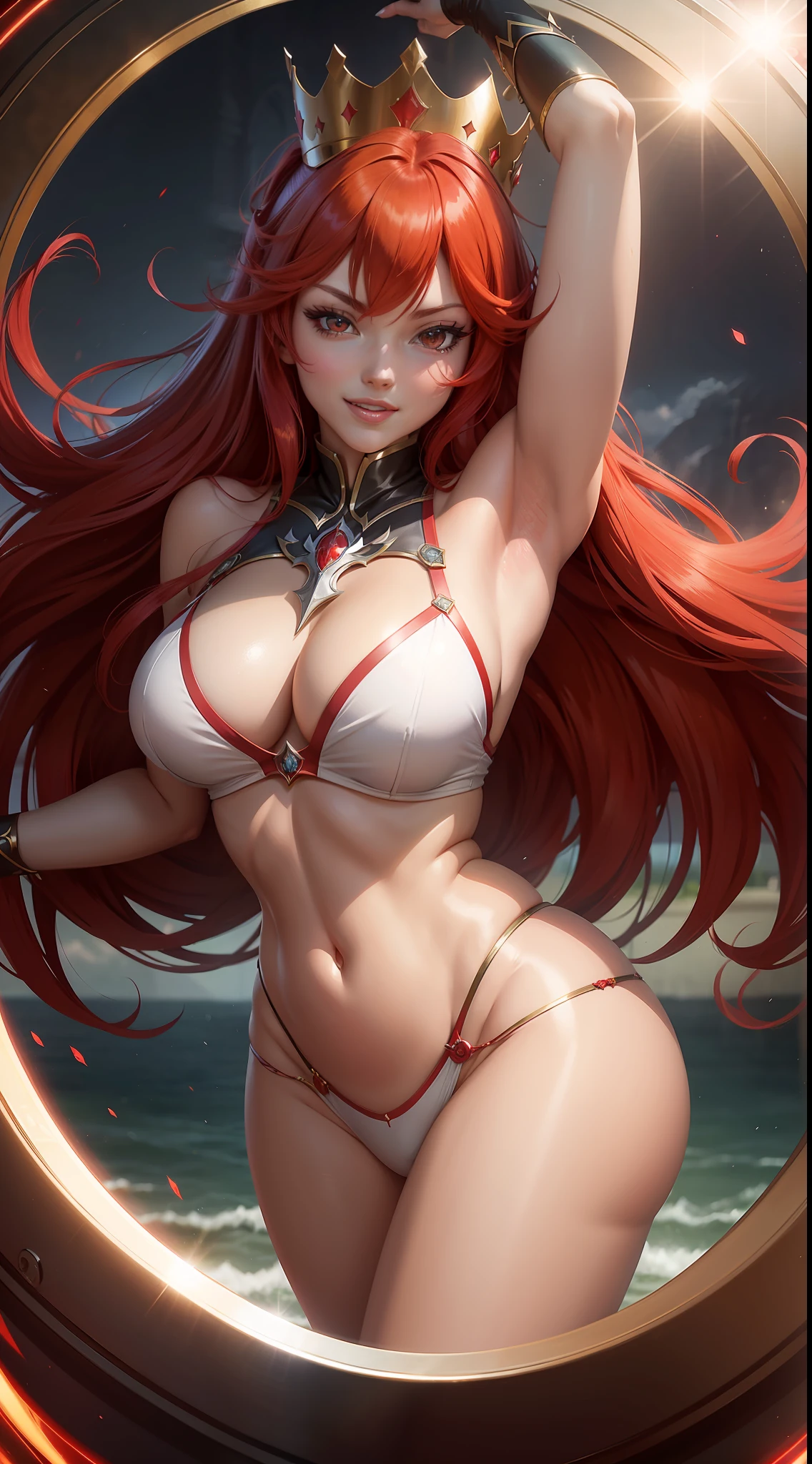 Rias Gremory, red hair, crown, seductive smile, anime style, panorama, lens flare, masterpiece, super detail, best quality, 8k