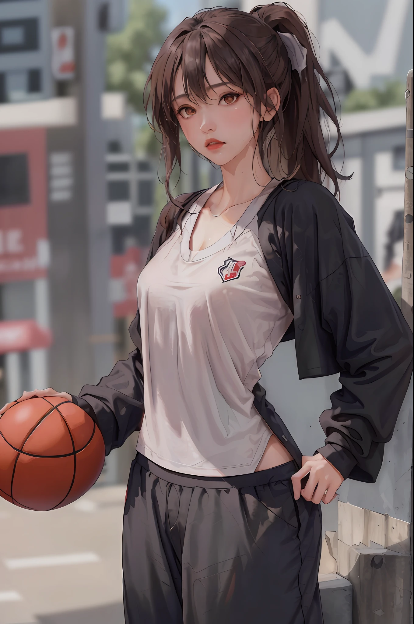 Masterpiece: 1.2, best quality), realistic, (real picture, rich details details, depth of field), (1girl, solo), makeup, cleft lip, high detail, perfect face shape, (small breasts: 1.4), (skindentation), thick thighs, Wide hips, thin waist, tall, coral, red lips, red eyes, ponytail, ((((basketball girl, loose clothes, black basketball suit, mid-length pants)))), (sweat: 1.2), (wet), blush, sweaty