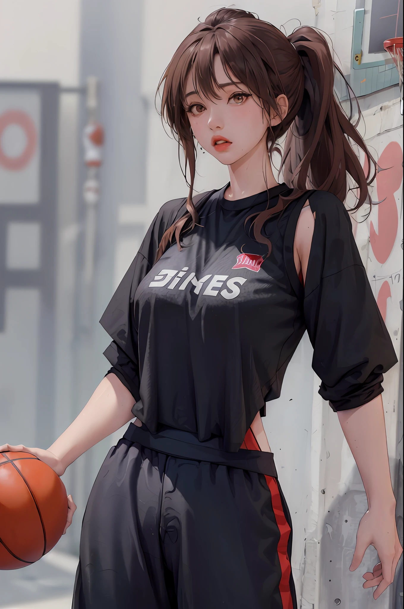 Masterpiece: 1.2, best quality), realistic, (real picture, rich details details, depth of field), (1girl, solo), makeup, cleft lip, high detail, perfect face shape, (small breasts: 1.4), (skindentation), thick thighs, Wide hips, thin waist, tall, coral, red lips, red eyes, ponytail, ((((basketball girl, loose clothes, black basketball suit, mid-length pants)))), (sweat: 1.2), (wet), blush, sweaty