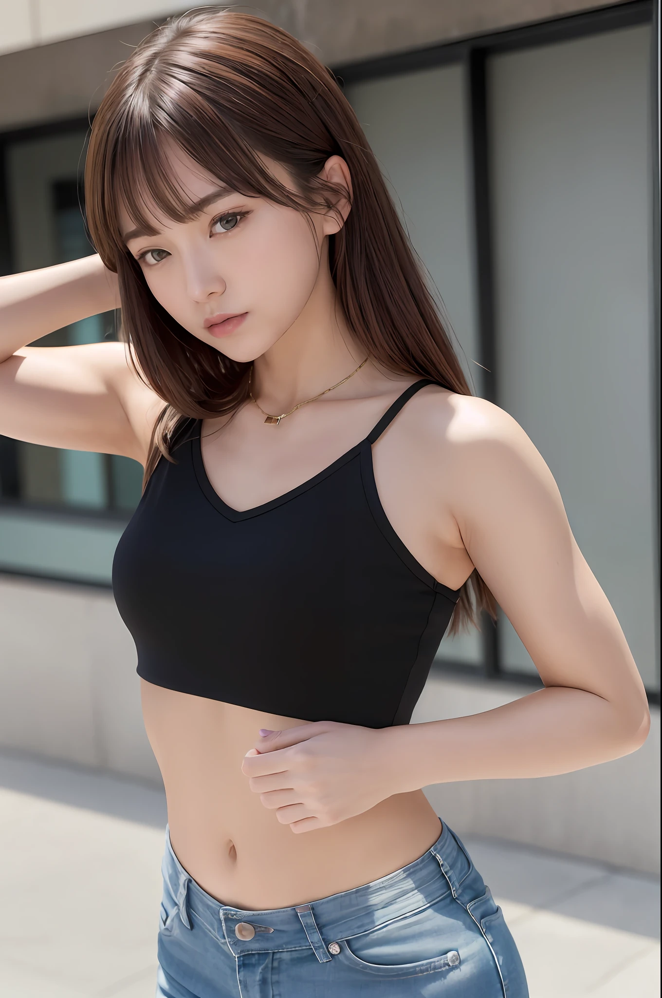 ((Middle chest, tomboy, head small)), (Chiseled abs: 1.1), (Perfect body: 1.1), (Short wavy hair: 1.2), reddish brown hair, collar, chain, full body shot, crowded streets, wearing black tank top, jeans jacket, (Shorts)), (CG 8k wallpaper), (Very delicate and beautiful), (Masterpiece), (Best Quality: 1.0), ( Ultra High Resolution: 1.0), Squats, From the Back