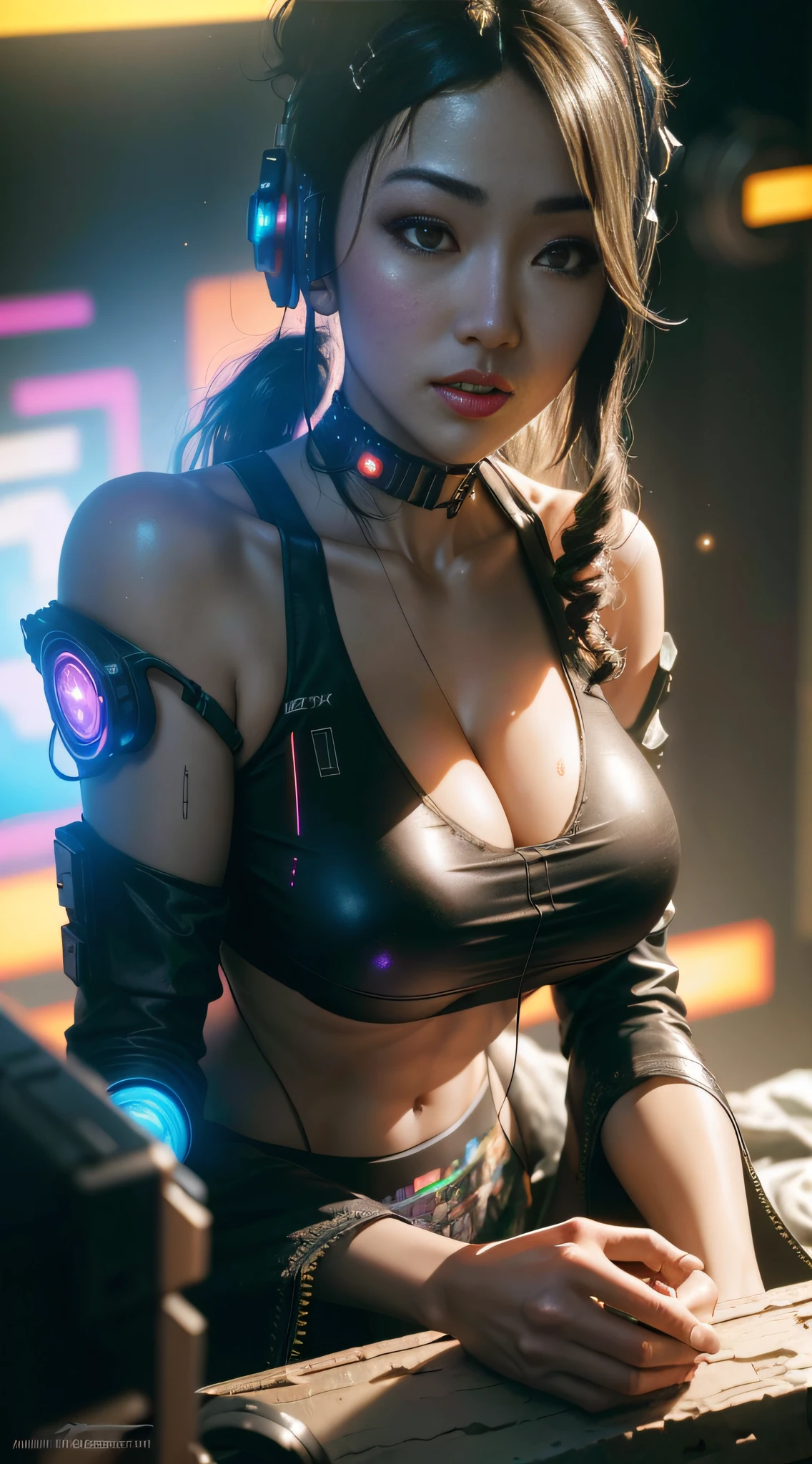 ((Best quality)), ((masterpiece)), (highly detailed:1.3), 3D, beautiful, (cyberpunk:1.6), in space, nebulous, (holding_sex toys:1.3), laser, (1Female mecha:1.3), naked sexy body, facing the audience, bright eyes, naked whole body, (flying, descending, dynamic, motion blur around: 1.4), (huge wings of wicks: 1.6), looking up, glowing_eyes, mecha, panorama, background is earth,  nebula, space, particles, Reality, HDR (High Dynamic Range), Ray Tracing, NVIDIA RTX, Super Resolution, Unreal 5, Subsurface Scattering, PBR Textures, Post-Processing, Anisotropic Filtering, Depth of Field, Maximum Clarity and Clarity, Multilayer Textures, Albedo and Specular Maps, Surface Shading, Accurate Simulation of Light-Material Interaction, Perfect Proportions, Octane Render, Two-Tone Lighting, Large Aperture, Low ISO,  white balance, rule of thirds, 8K RAW, efficient sub-pixel, sub-pixel volume product, (best quality), (Japanese: 0.5), (Korean: 0.8), (Liu Yi Fei: 1.5) long hair, (large chest: 1.2), (underboob: 1.5), (black transparent lace mini skirt: 1.5)