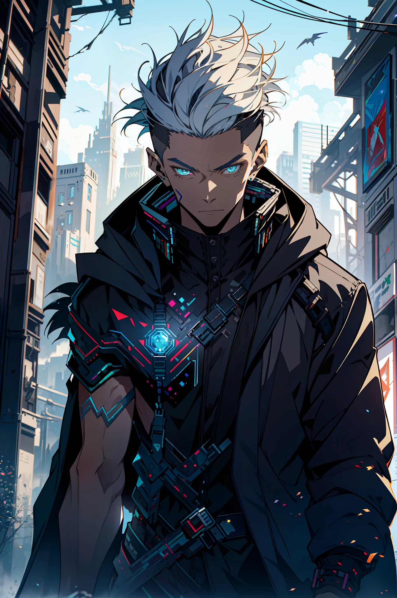 Cyberpunk Man, Elf Ear, Fantasy World, Dark Background, Clean Design, Epic Instagram, Artstation, Colorful Paint Splash, Silhouette, Ultra Detailed Intricate Details, Unreal Engine, Fantasy, Intricate Details, Start Screen, Complementary Colors, Fantasy Concept Art, 8K Resolution, Deviantart Masterpiece, Oil Painting, Heavy Stroke, Paint Drip, (Isolated on White Background: 1.3), Rainbow Skin, (((Handsome Young Man))) , ((age:1.5)), (glowing blue eyes), ((eyes with light)), (short white hair: 1.1))), ((black)), (prince\\(indifferent expression\\), (((wearing high-detail luxury black robe))), white hair, frost magic, ((pectoral muscles) --v 6