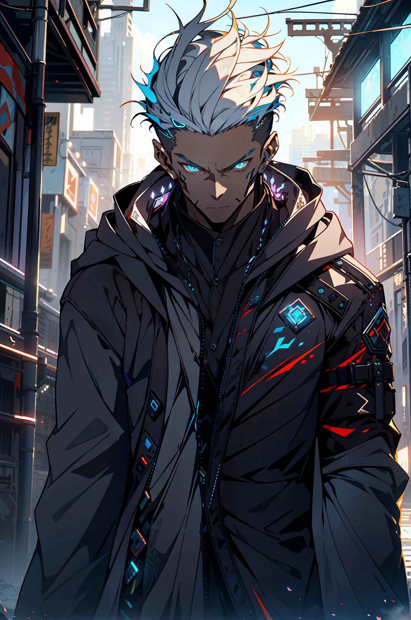 Cyberpunk Man, Elf Ear, Fantasy World, Dark Background, Clean Design, Epic Instagram, Artstation, Colorful Paint Splash, Silhouette, Ultra Detailed Intricate Details, Unreal Engine, Fantasy, Intricate Details, Start Screen, Complementary Colors, Fantasy Concept Art, 8K Resolution, Deviantart Masterpiece, Oil Painting, Heavy Stroke, Paint Drip, (Isolated on White Background: 1.3), Rainbow Skin, (((Handsome Young Man))) , ((teenage:1.5)), (glowing blue eyes), ((eyes with light)), (short white hair: 1.1))), ((black)), (prince\\(indifferent expression\\), (((wearing high-detail luxury black robe))), white hair, frost magic, ((pectoral muscles) --v 6