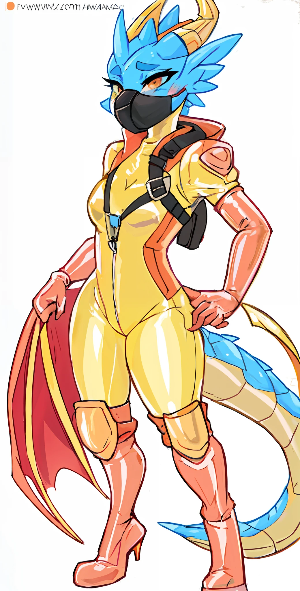 (masterpiece) best quality ultra-detailed full art cartoon depiction of Ember the dragon from the series my little pony, characterized by her (blue skin scales body) and a yellow (latex hazmat suit bodysuit type+attached respirator mask+orange latex gloves+orange latex socks) outfit with latex details. The image should be high resolution and emphasize the details of the dragon and her tight bodysuit outfit. She is blushing. Her bodysuit is completely yellow. commision art dragon, full body, anthro dragon art., super detail, 4K, highres